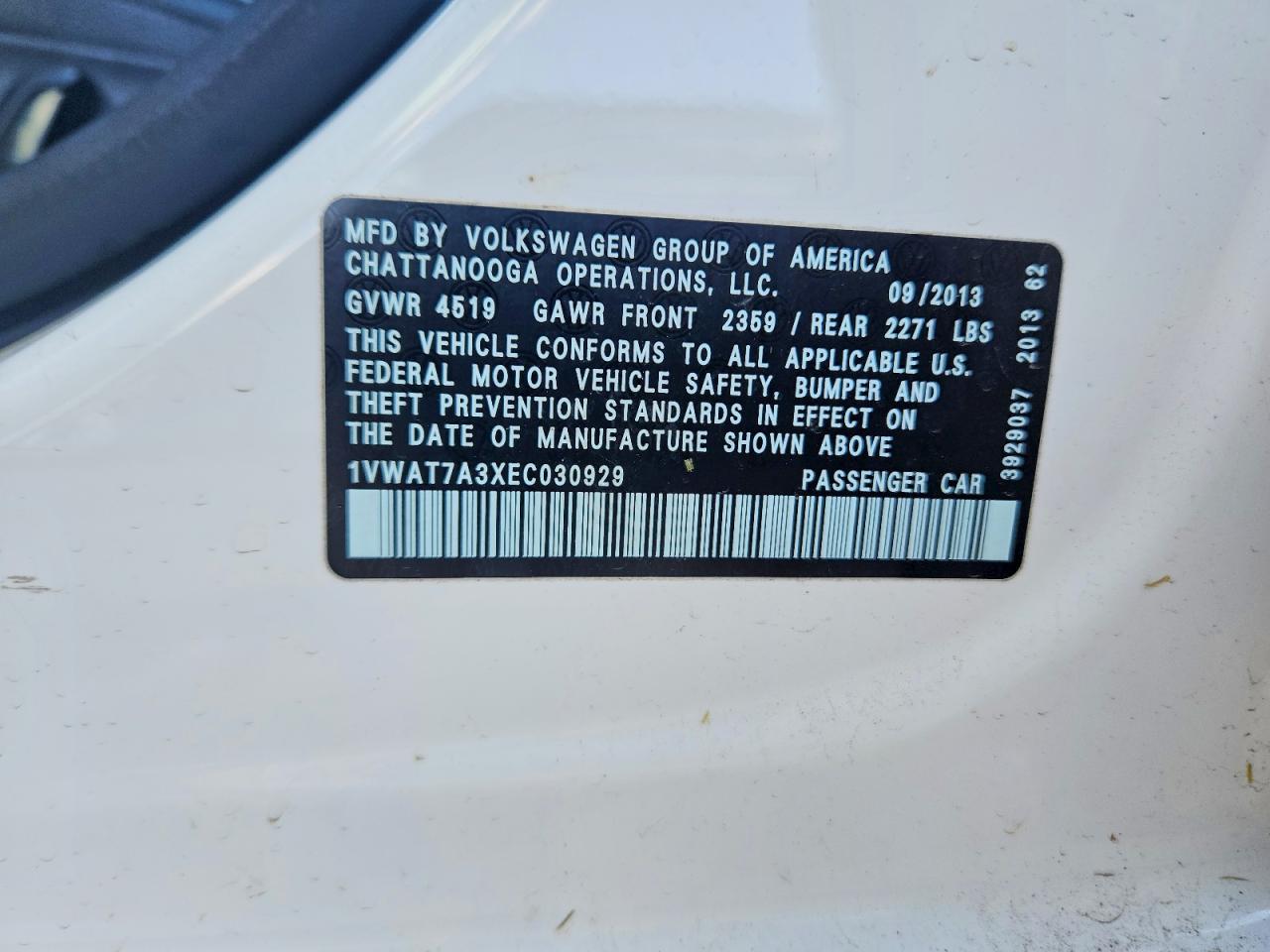 2014 Volkswagen Passat S White vin: 1VWAT7A3XEC030929
