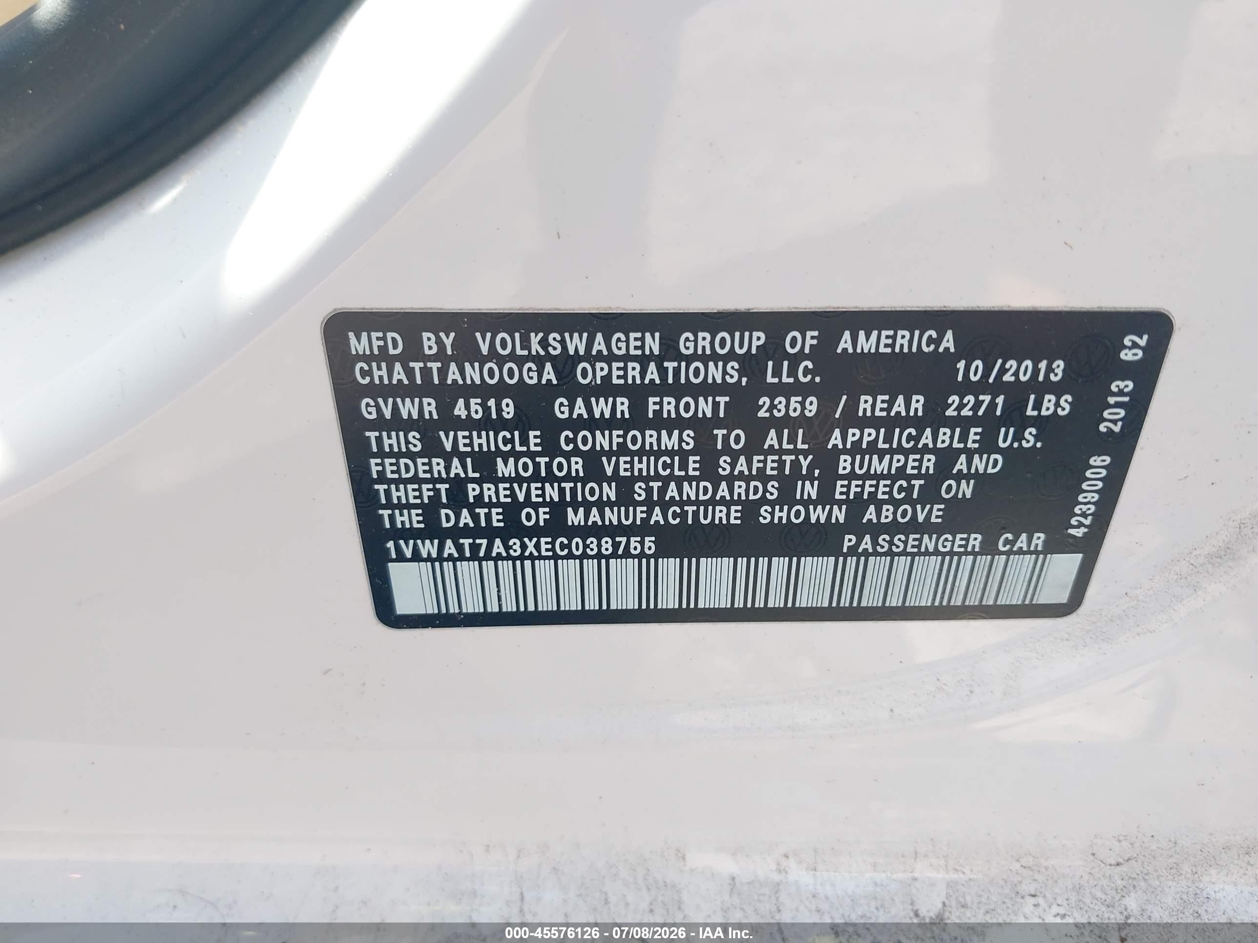 2014 Volkswagen Passat 1.8t Wolfsburg Edition White vin: 1VWAT7A3XEC038755