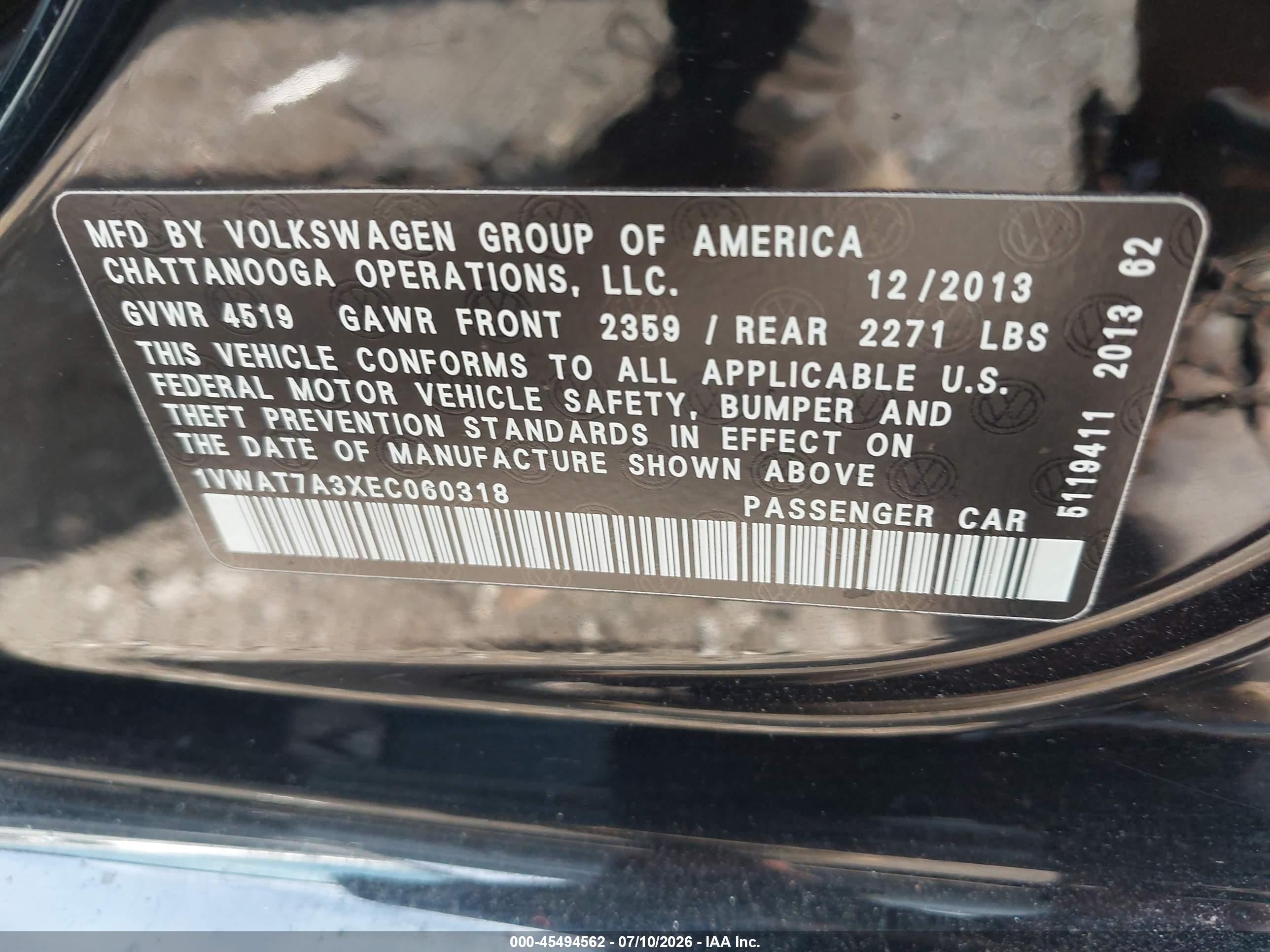 2014 Volkswagen Passat 1.8t Wolfsburg Edition Черный vin: 1VWAT7A3XEC060318
