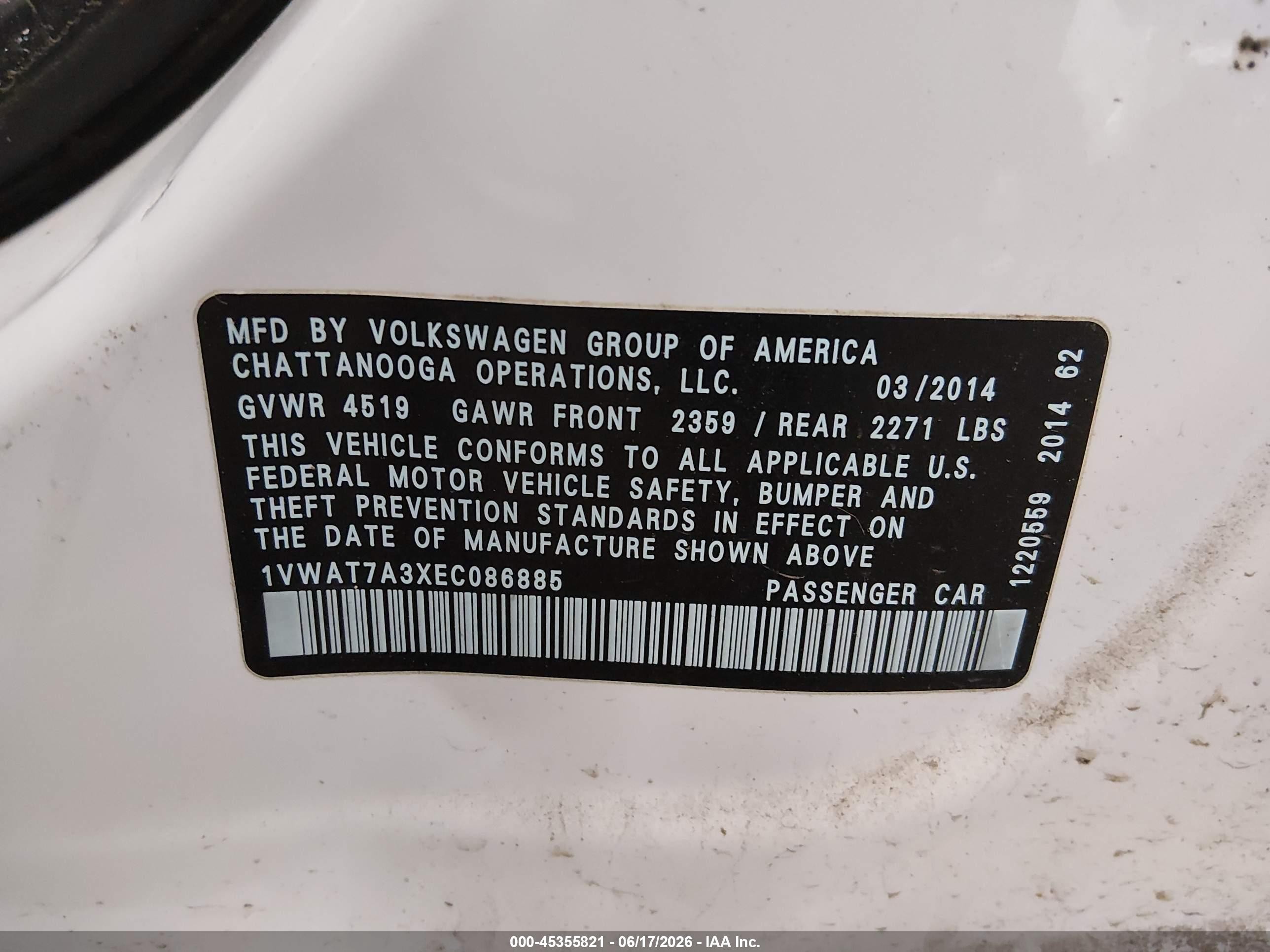 2014 Volkswagen Passat 1.8t Wolfsburg Edition White vin: 1VWAT7A3XEC086885