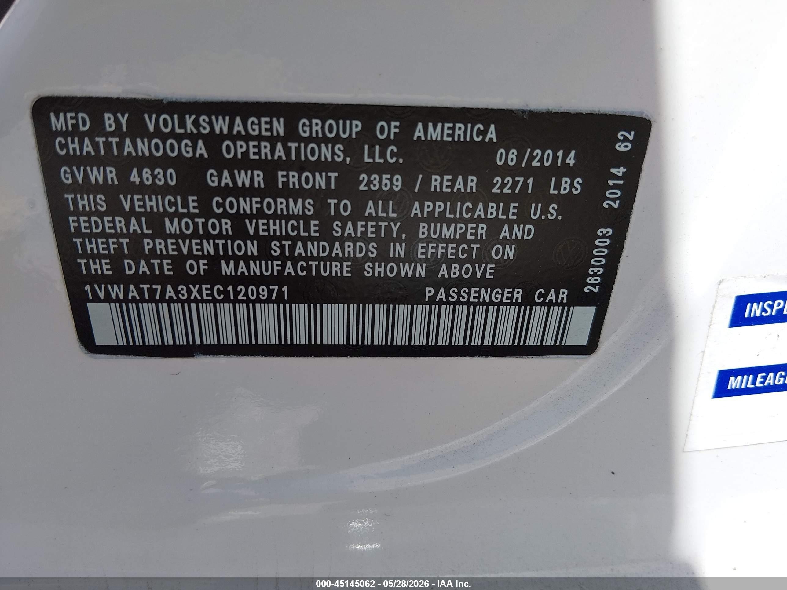 2014 Volkswagen Passat 1.8t Wolfsburg Edition White vin: 1VWAT7A3XEC120971