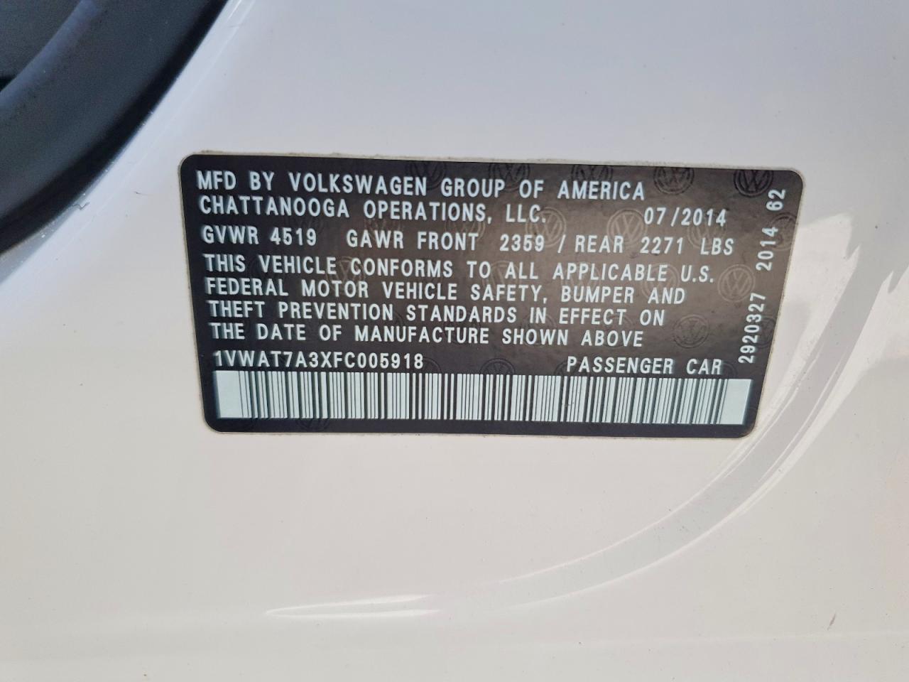 2015 Volkswagen Passat S Белый vin: 1VWAT7A3XFC005918