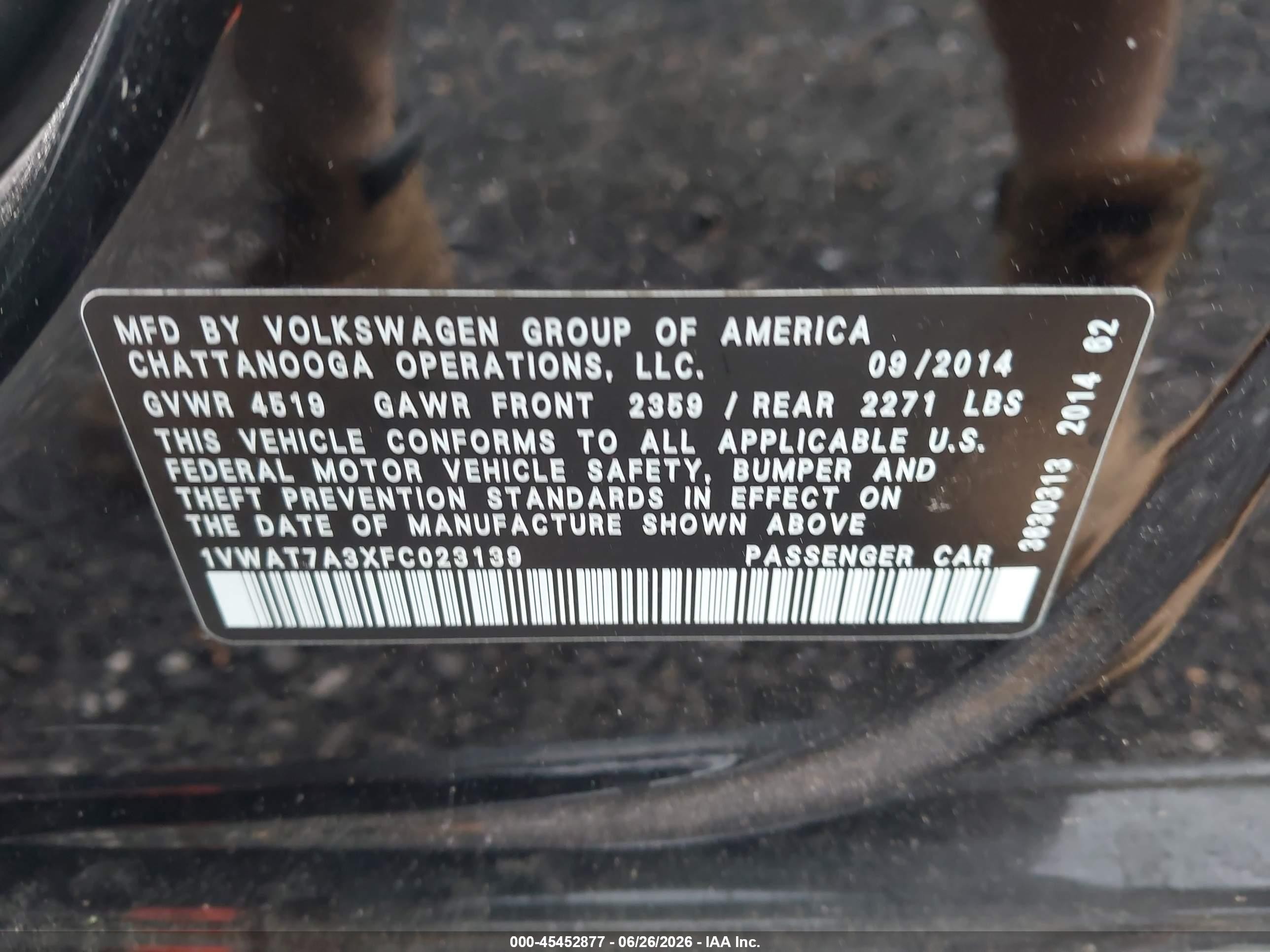 2015 Volkswagen Passat 1.8t Wolfsburg Edition Black vin: 1VWAT7A3XFC023139