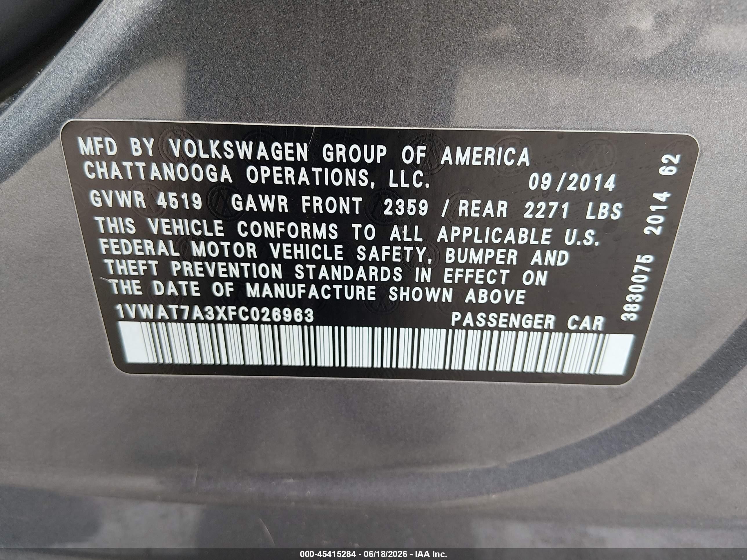 2015 Volkswagen Passat 1.8t S Gray vin: 1VWAT7A3XFC026963