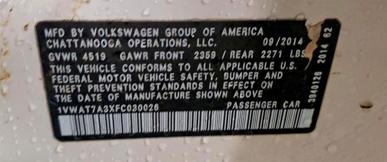 2015 Volkswagen Passat S White vin: 1VWAT7A3XFC030026