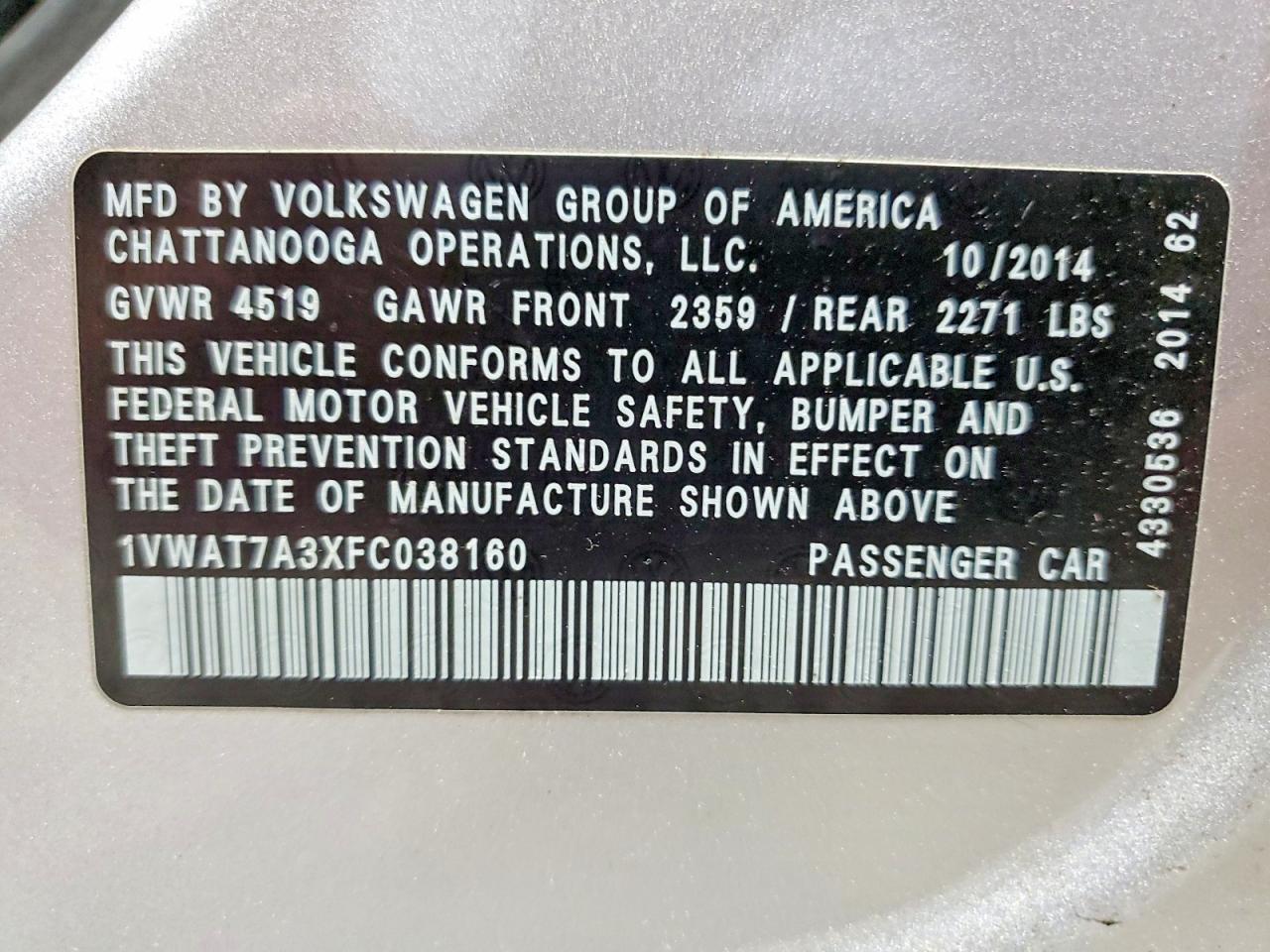 2015 Volkswagen Passat S Silver vin: 1VWAT7A3XFC038160