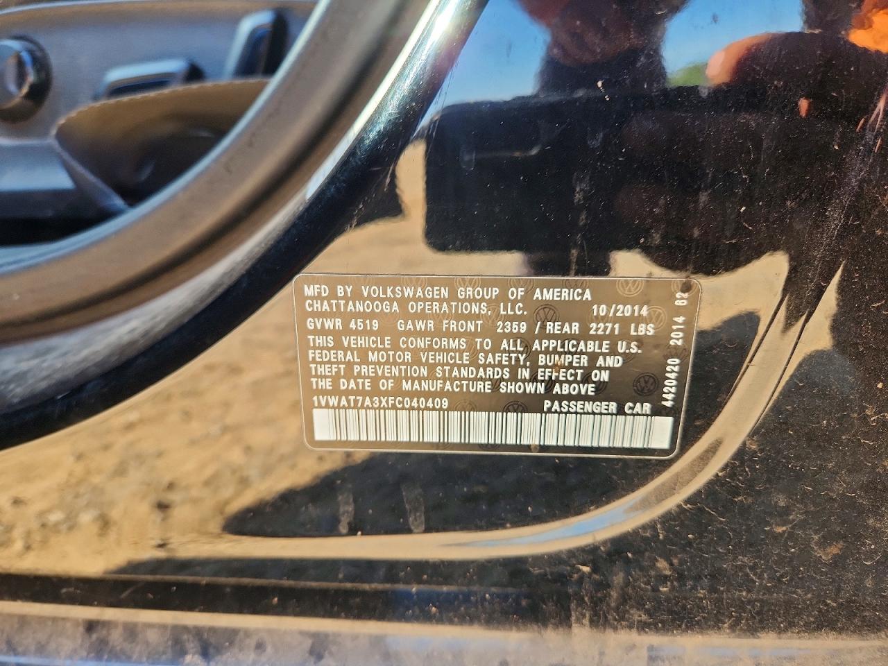 2015 Volkswagen Passat S Черный vin: 1VWAT7A3XFC040409