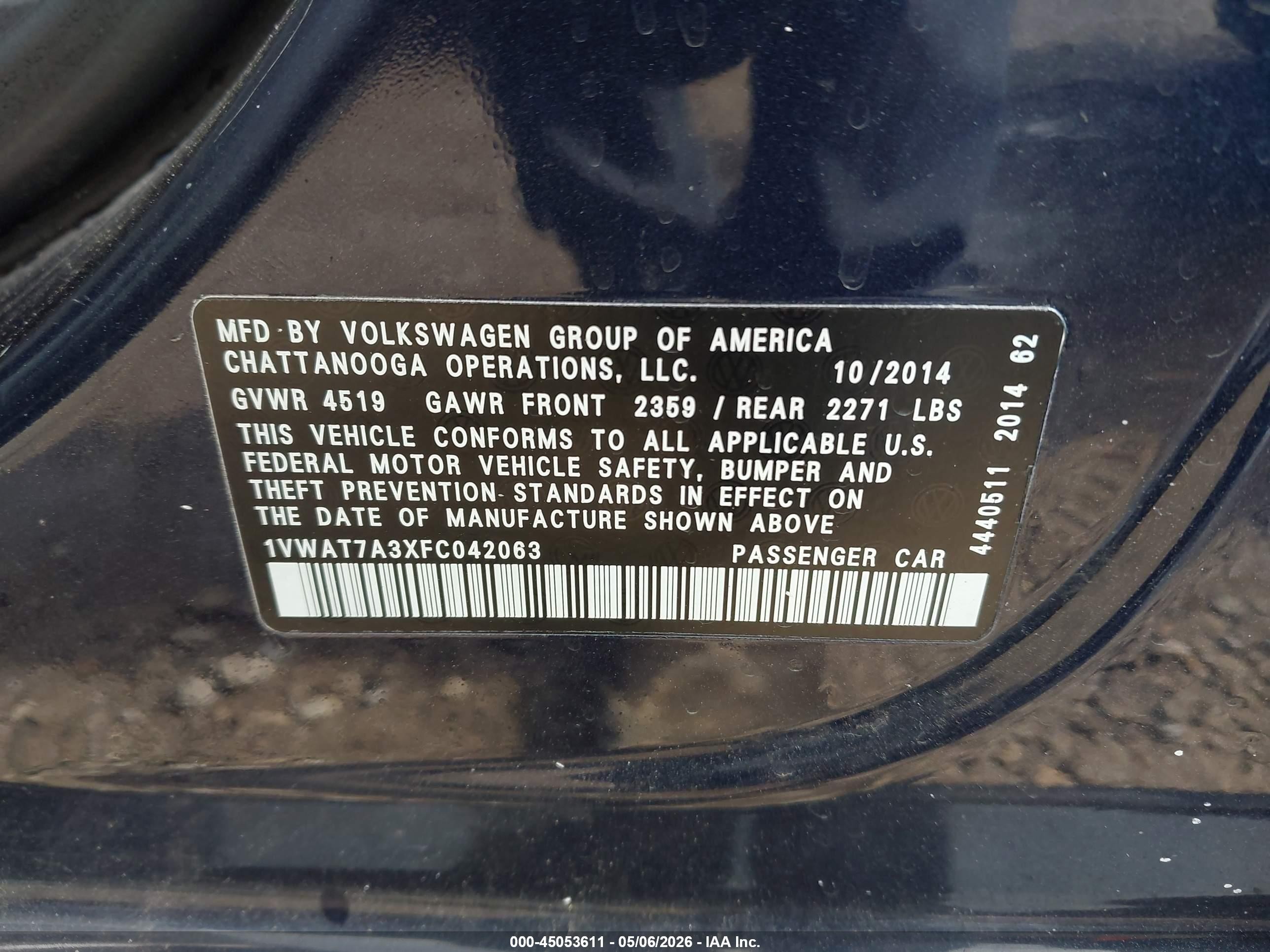 2015 Volkswagen Passat 1.8t Wolfsburg Edition Dark Blue vin: 1VWAT7A3XFC042063