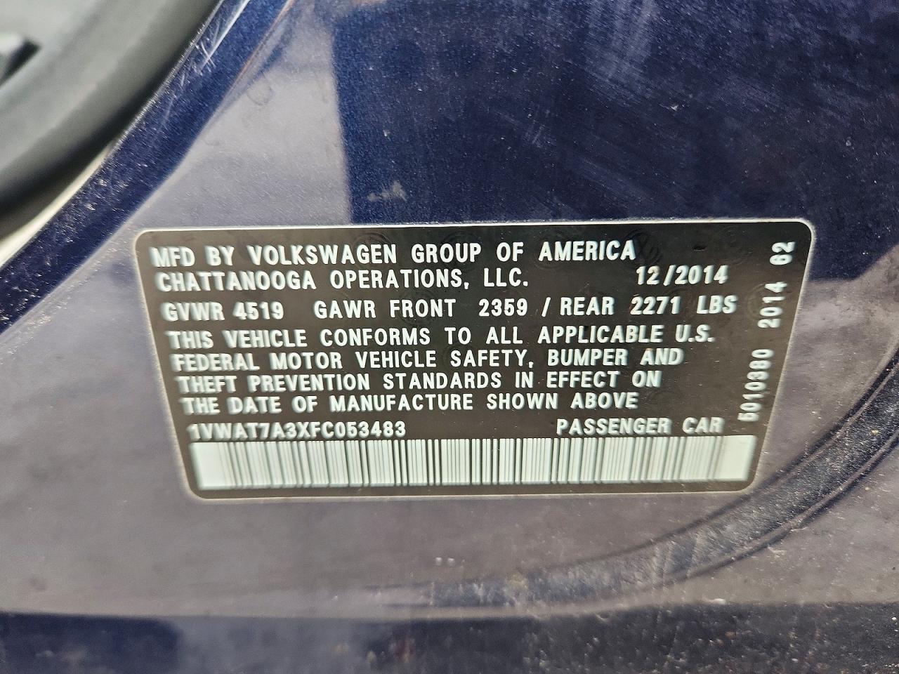 2015 Volkswagen Passat S Blue vin: 1VWAT7A3XFC053483