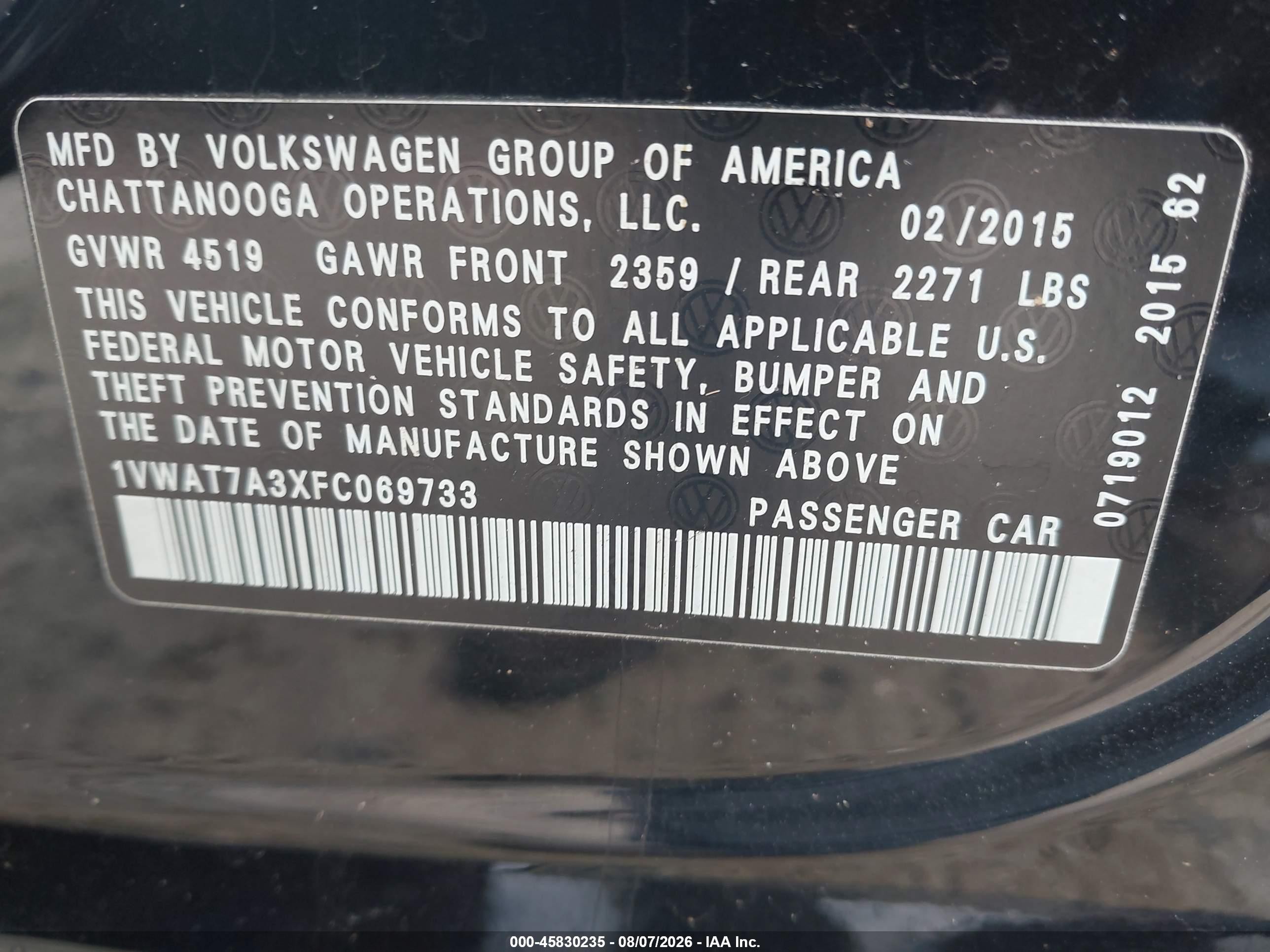 2015 Volkswagen Passat 1.8t S Black vin: 1VWAT7A3XFC069733