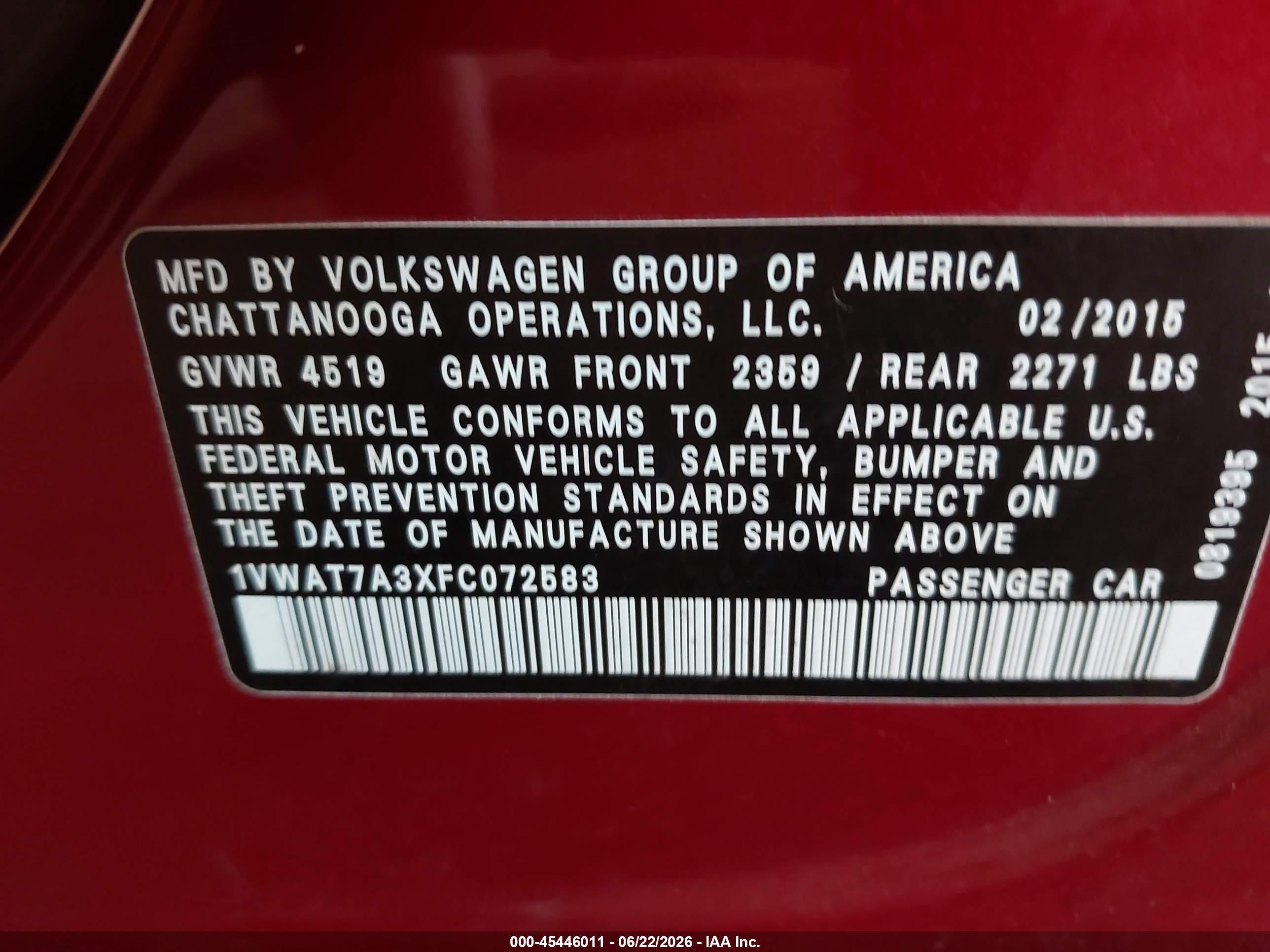 2015 Volkswagen Passat 1.8t Wolfsburg Edition Burgundy vin: 1VWAT7A3XFC072583