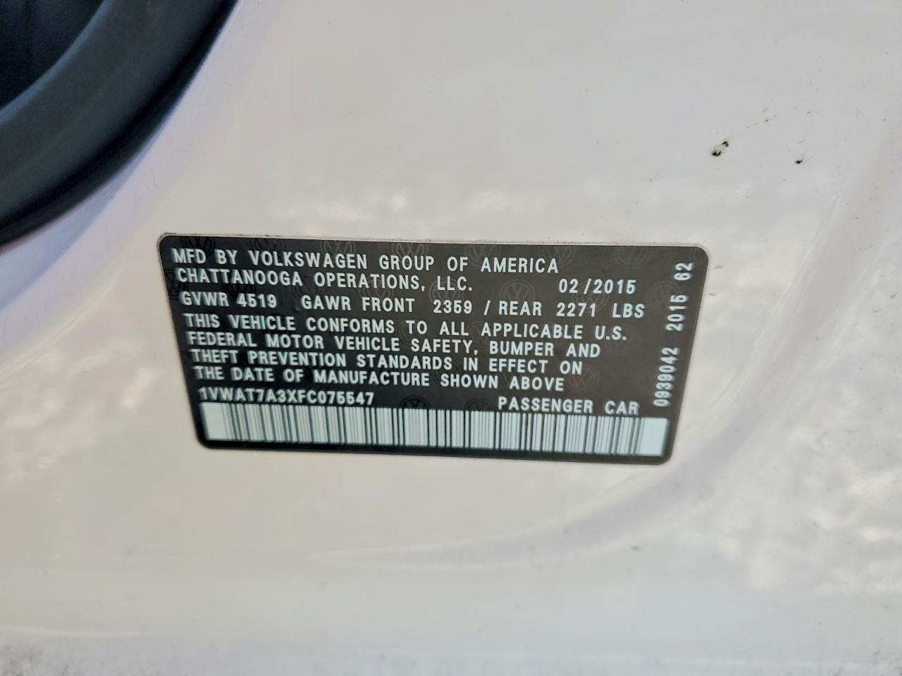 2015 Volkswagen Passat S White vin: 1VWAT7A3XFC075547