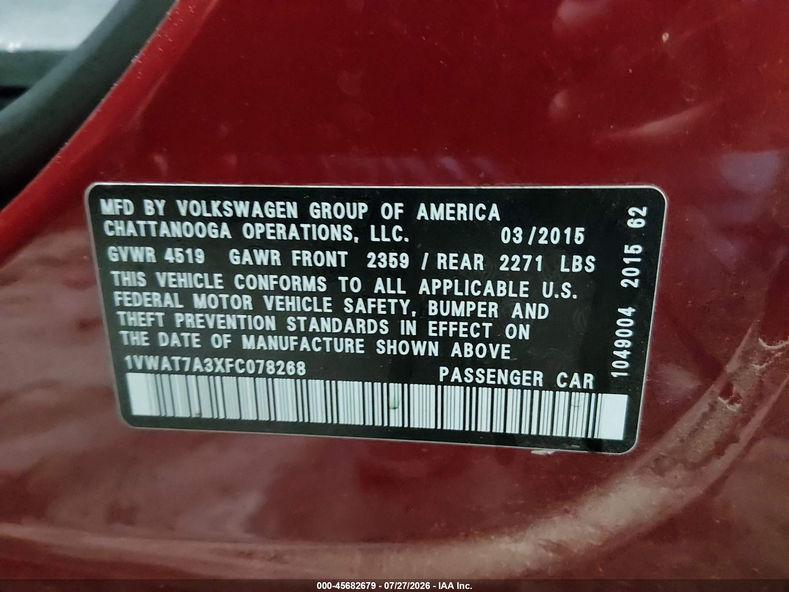 2015 Volkswagen Passat 1.8t Limited Edition Red vin: 1VWAT7A3XFC078268