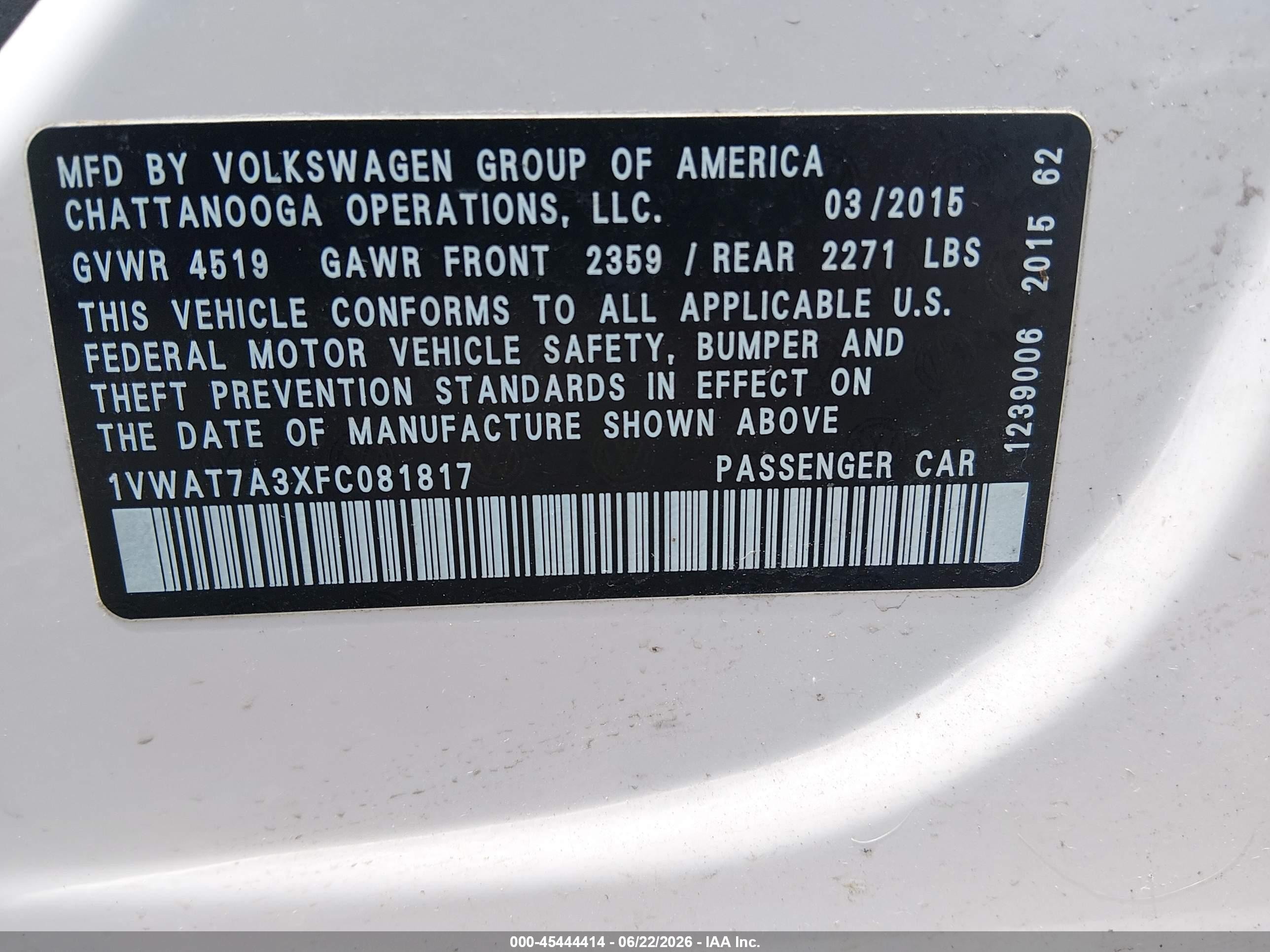 2015 Volkswagen Passat 1.8t Limited Edition White vin: 1VWAT7A3XFC081817