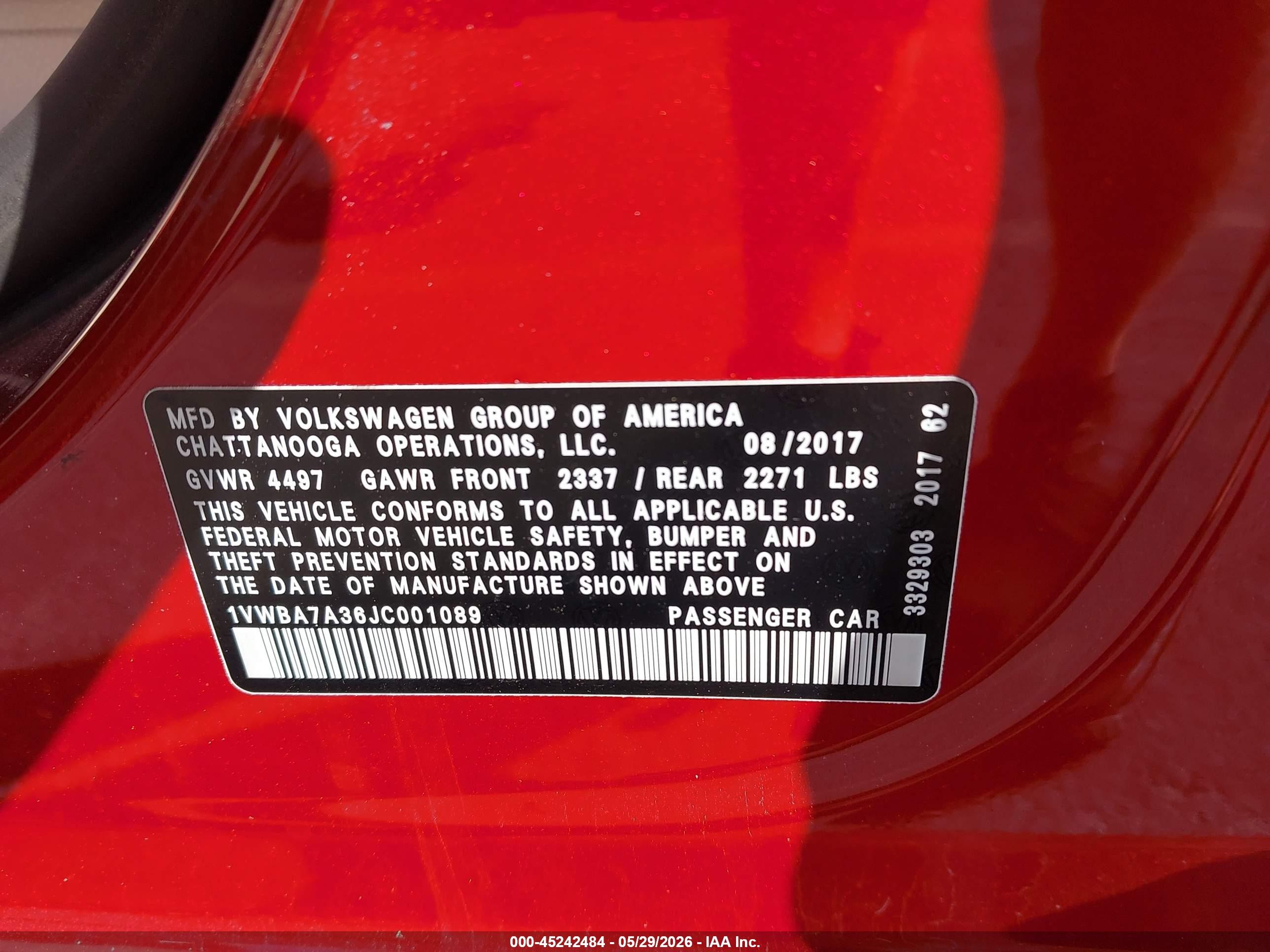 2018 Volkswagen Passat 2.0t Se Red vin: 1VWBA7A36JC001089