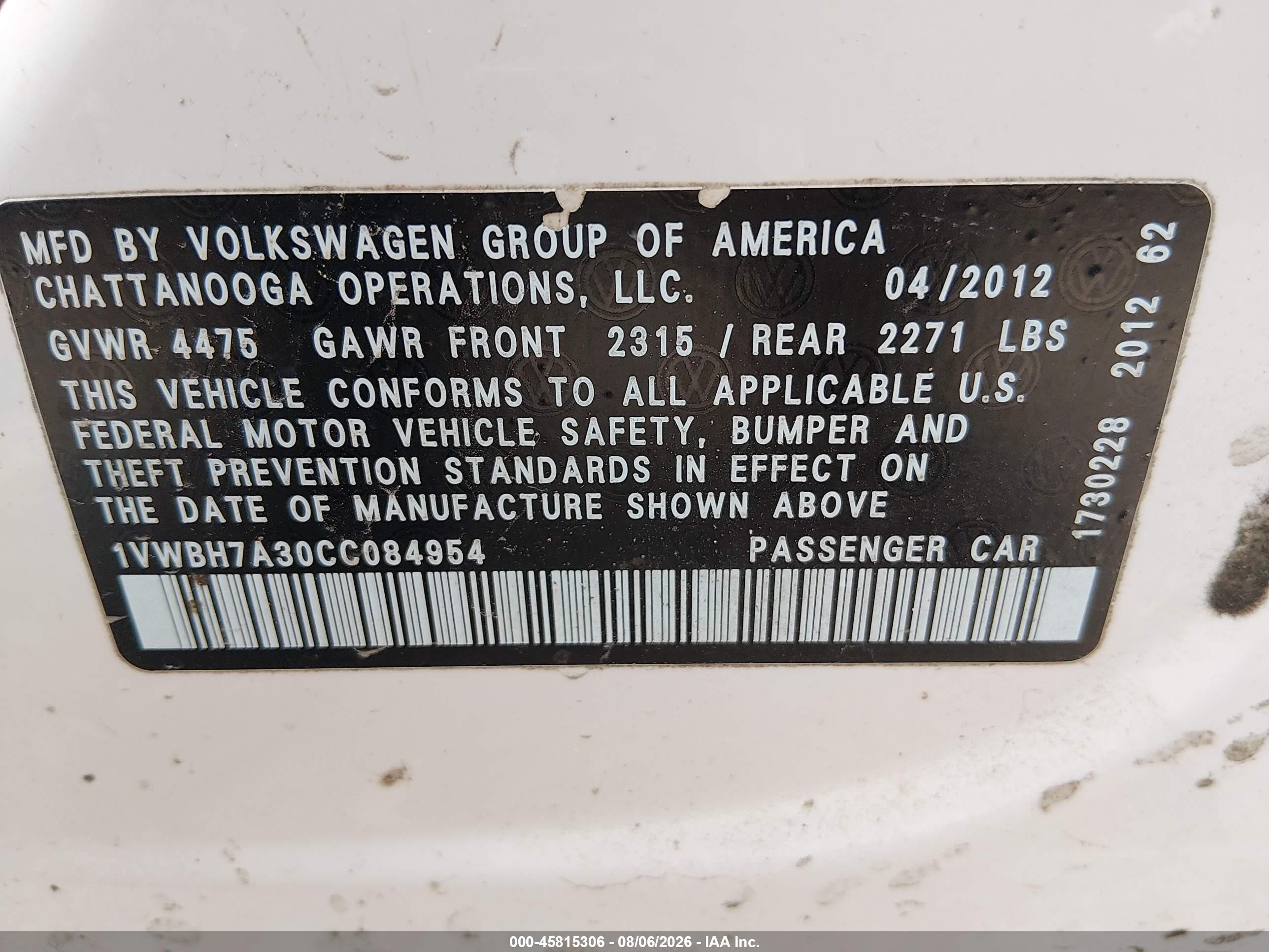 2012 Volkswagen Passat 2.5l Se White vin: 1VWBH7A30CC084954