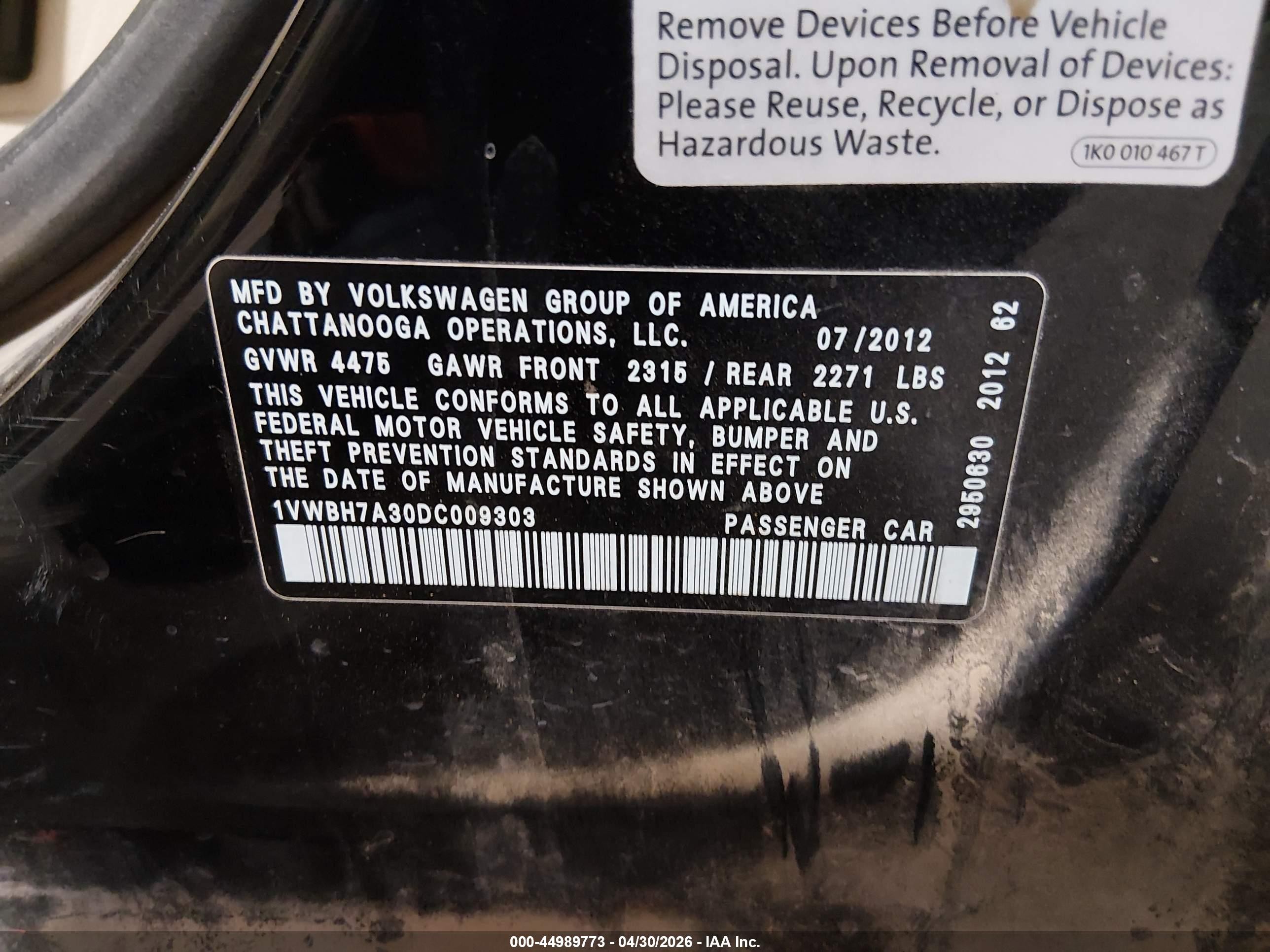 2013 Volkswagen Passat 2.5l Se Черный vin: 1VWBH7A30DC009303