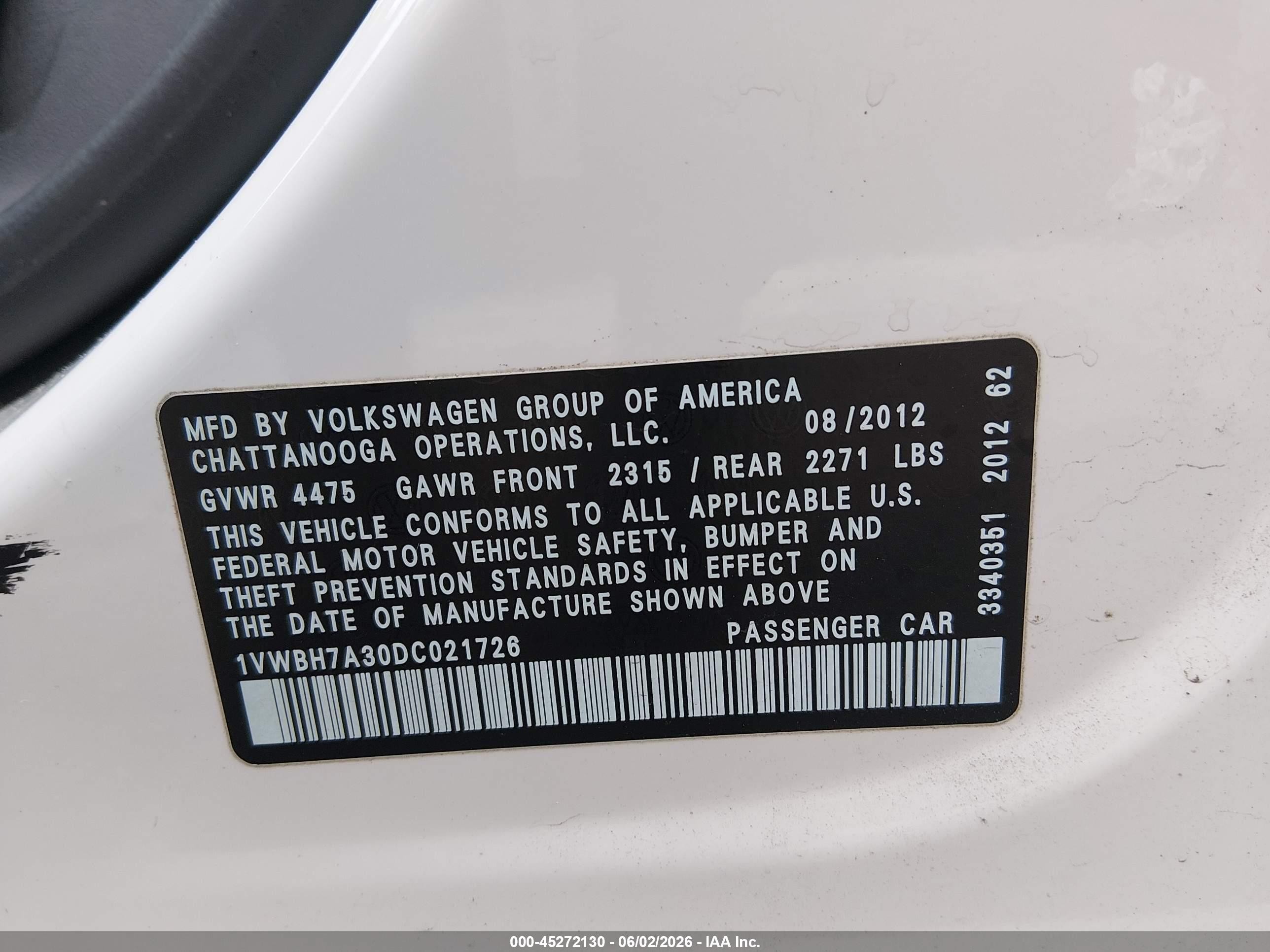 2013 Volkswagen Passat 2.5l Se White vin: 1VWBH7A30DC021726