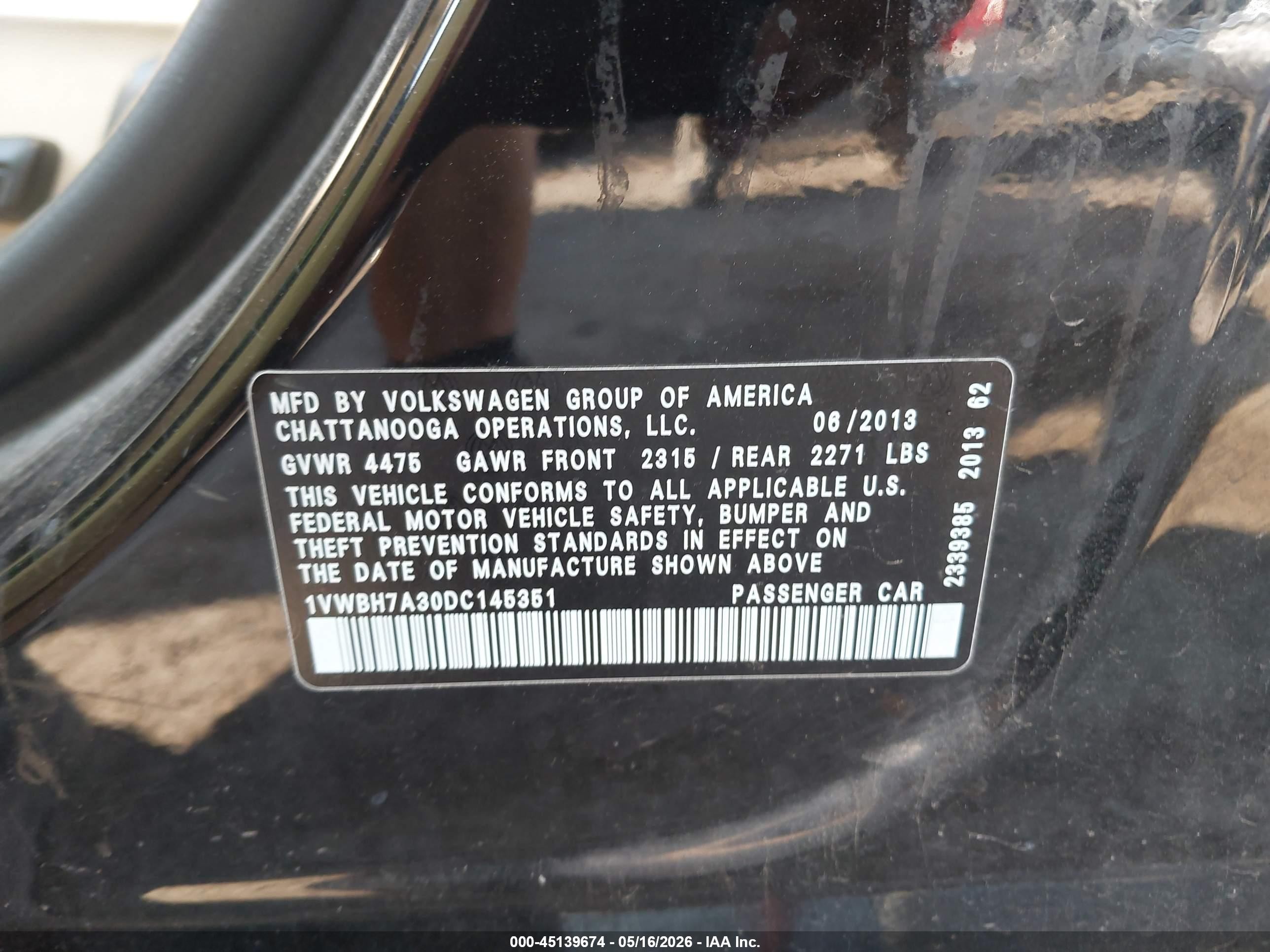 2013 Volkswagen Passat 2.5l Se Black vin: 1VWBH7A30DC145351