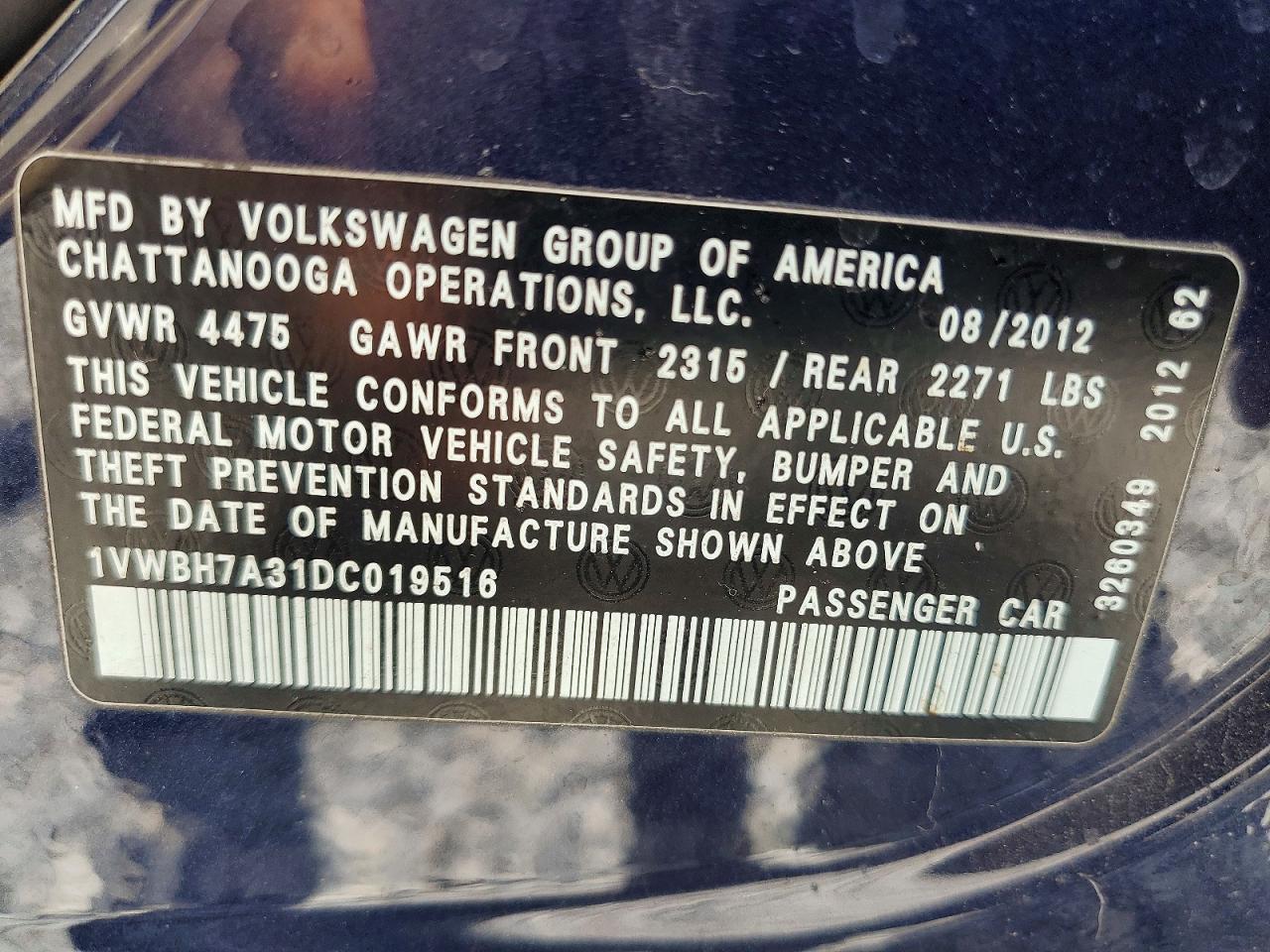 2013 Volkswagen Passat Se Blue vin: 1VWBH7A31DC019516