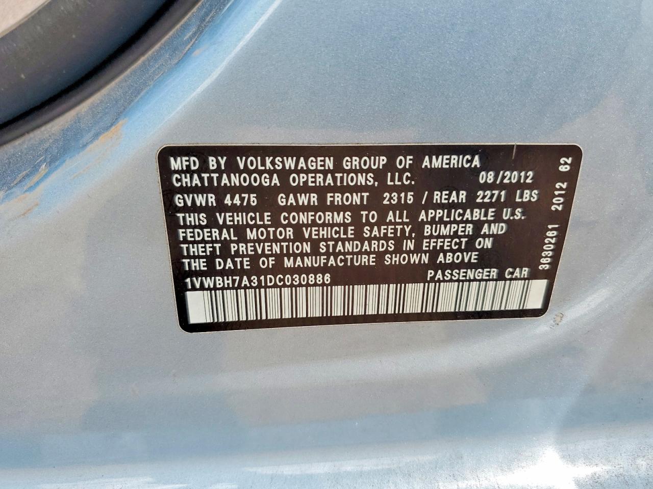 2013 Volkswagen Passat Se Blue vin: 1VWBH7A31DC030886