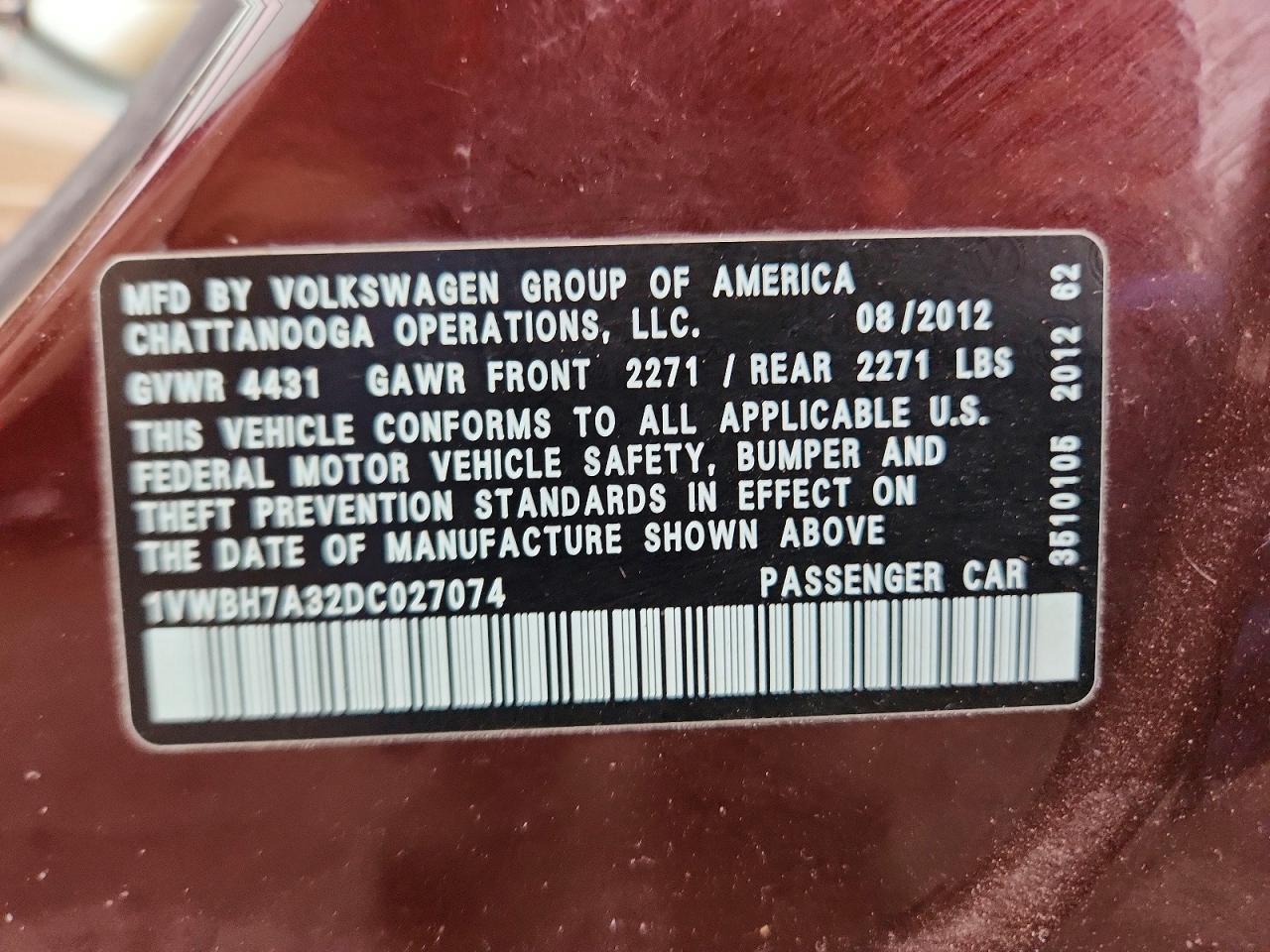 2013 Volkswagen Passat Se Maroon vin: 1VWBH7A32DC027074