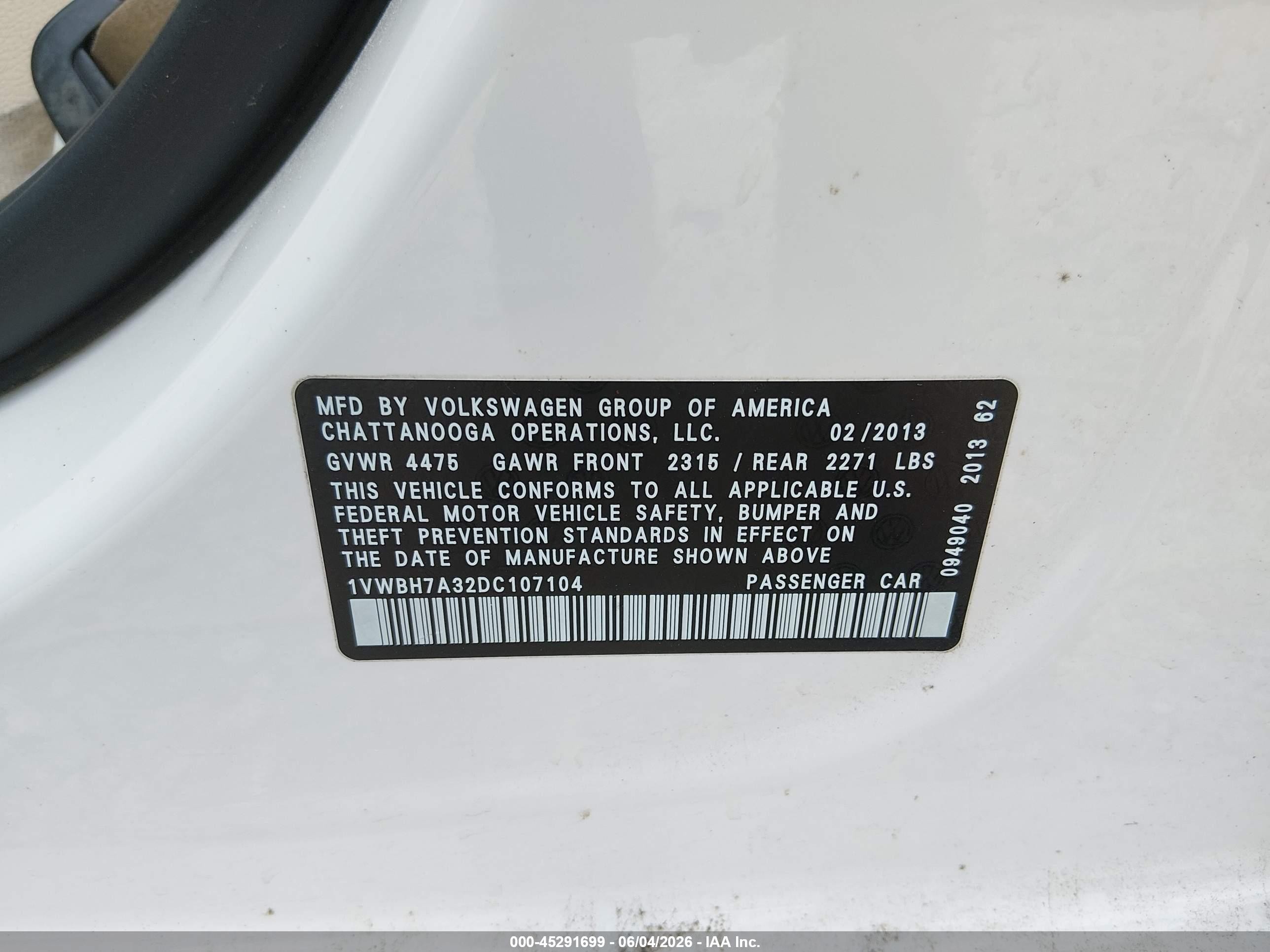 2013 Volkswagen Passat 2.5l Se White vin: 1VWBH7A32DC107104