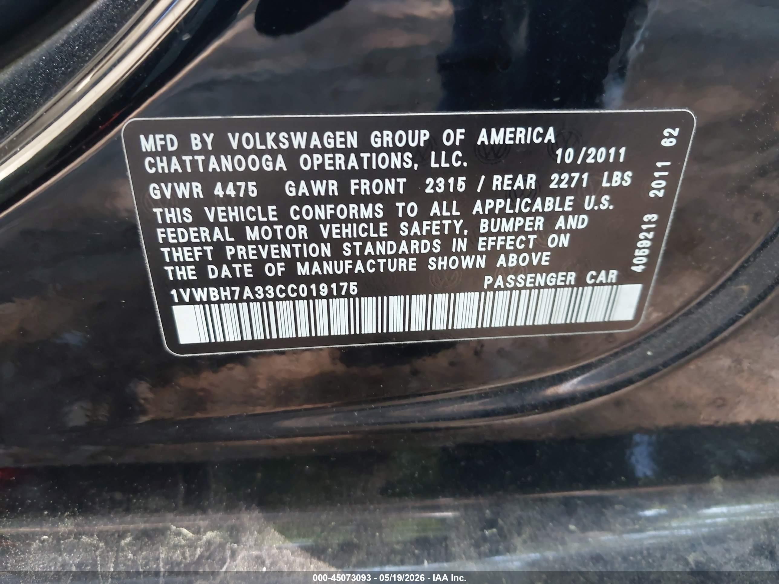 2012 Volkswagen Passat 2.5l Se Black vin: 1VWBH7A33CC019175