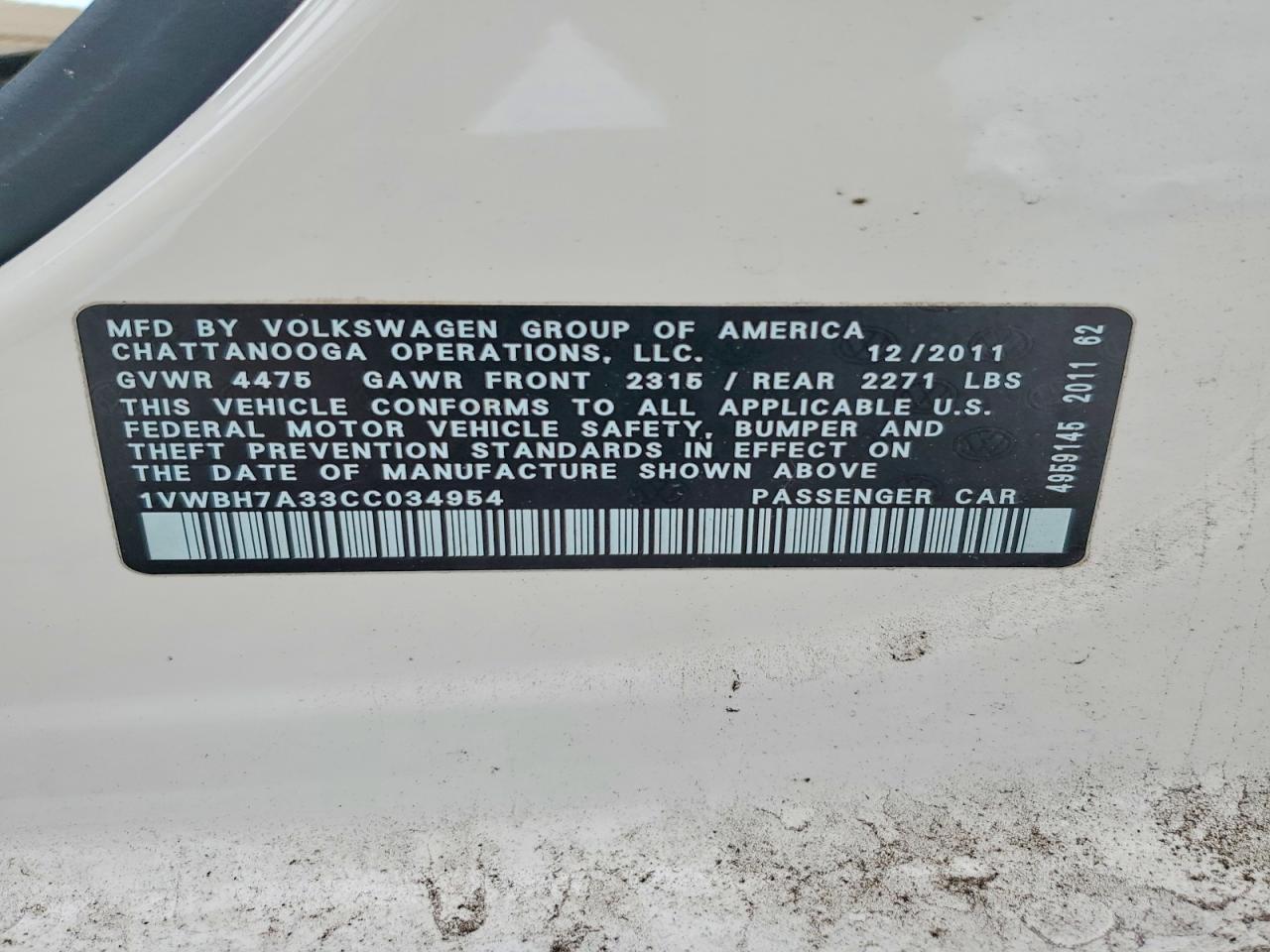 2012 Volkswagen Passat Se White vin: 1VWBH7A33CC034954