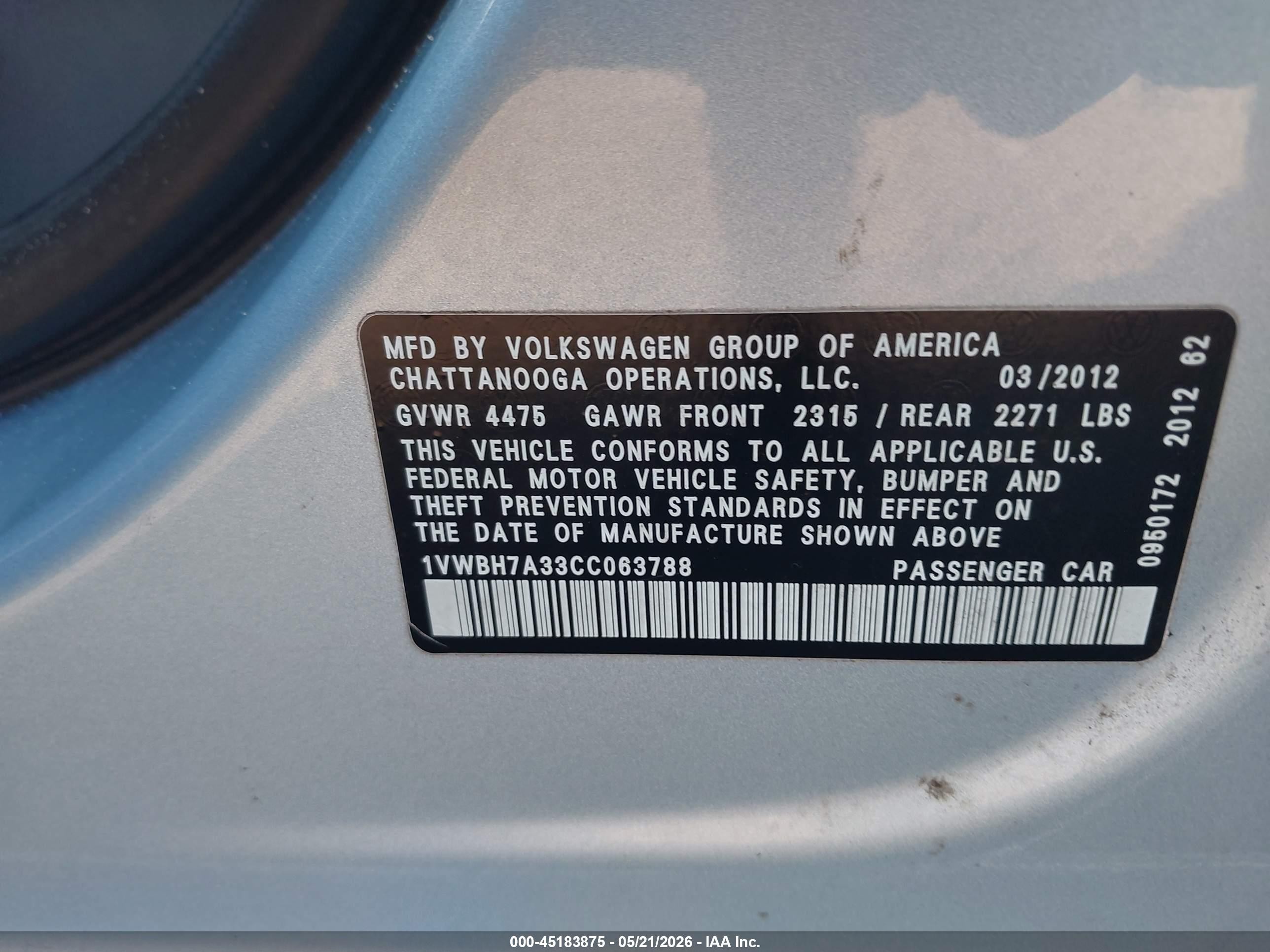 2012 Volkswagen Passat 2.5l Se Light Blue vin: 1VWBH7A33CC063788