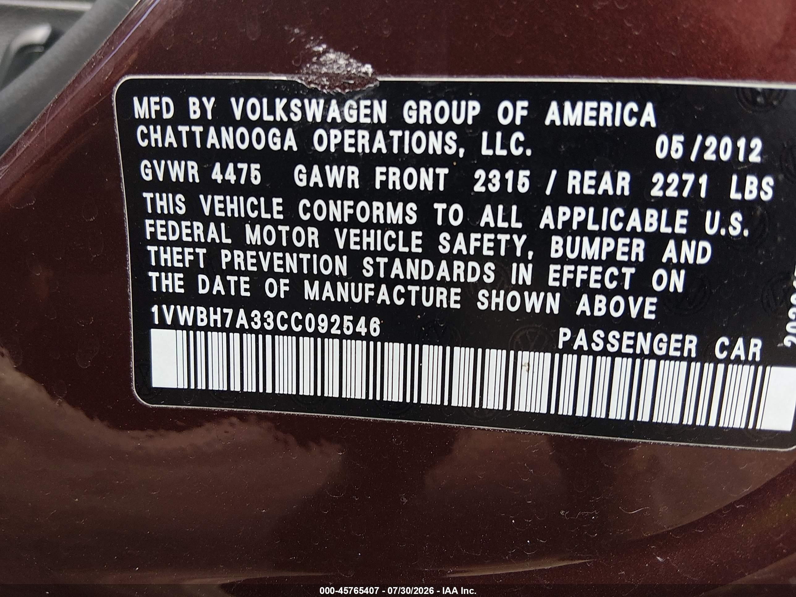 2012 Volkswagen Passat 2.5l Se Burgundy vin: 1VWBH7A33CC092546
