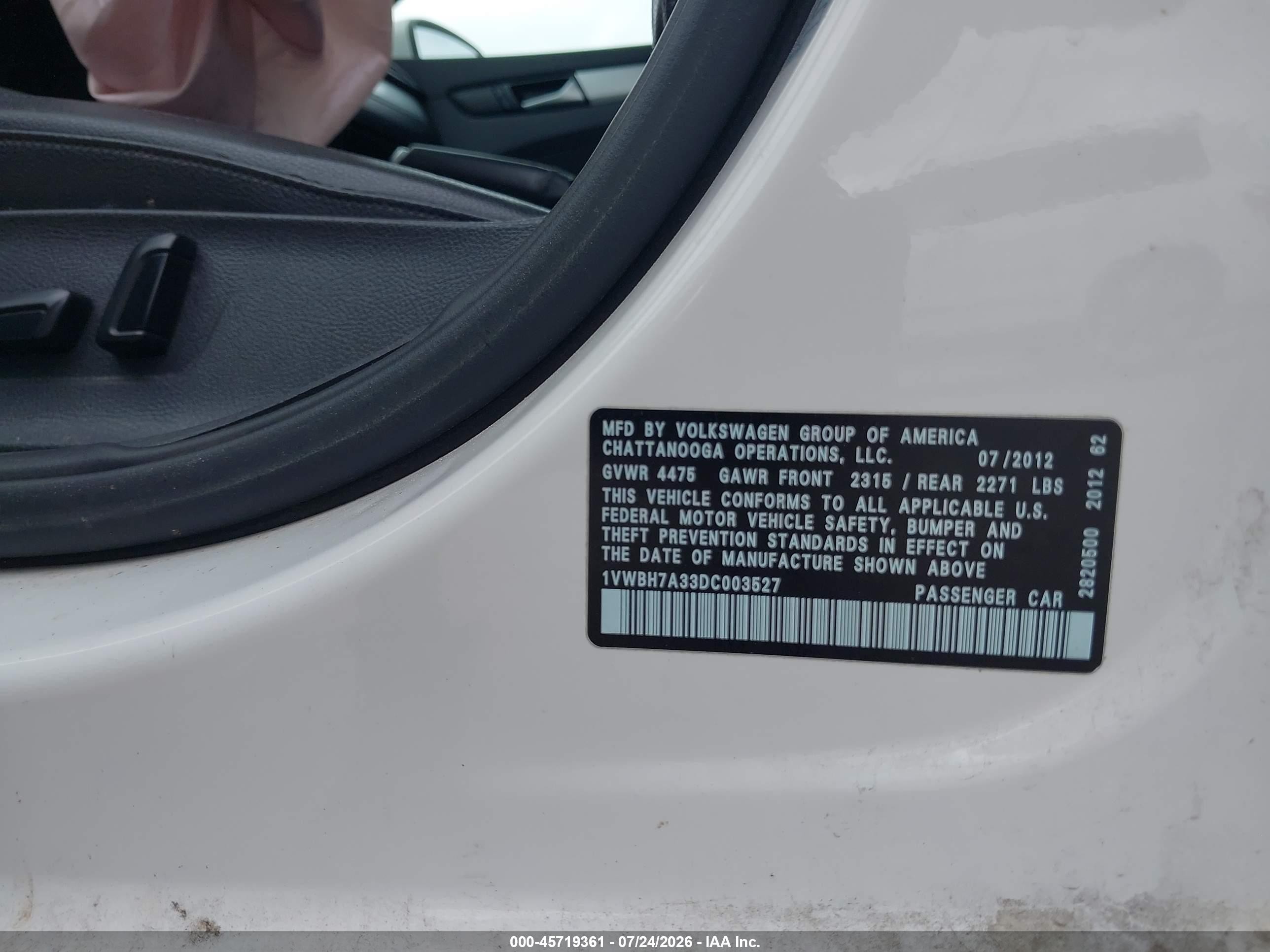2013 Volkswagen Passat 2.5l Se White vin: 1VWBH7A33DC003527