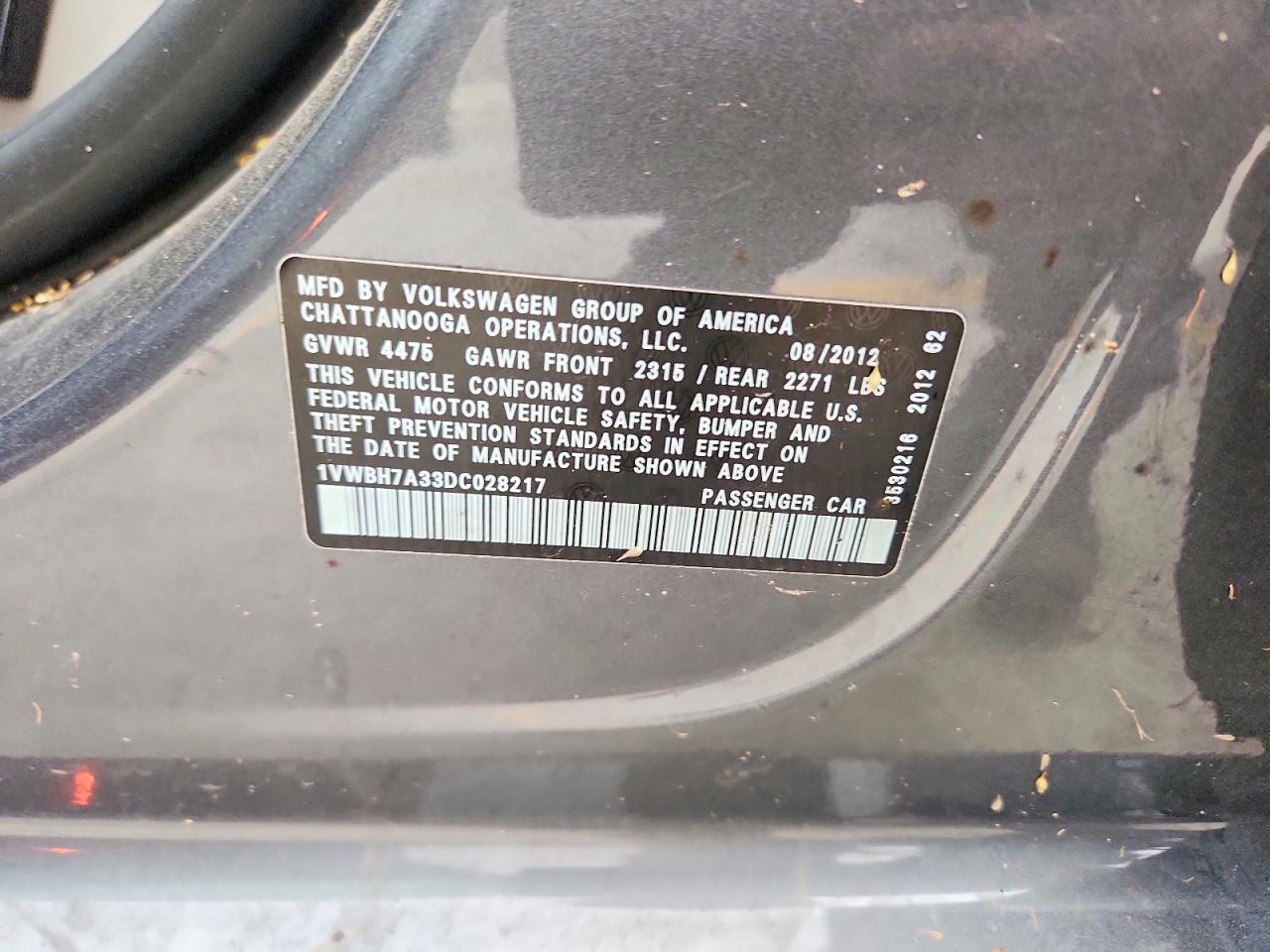 2013 Volkswagen Passat Se Charcoal vin: 1VWBH7A33DC028217