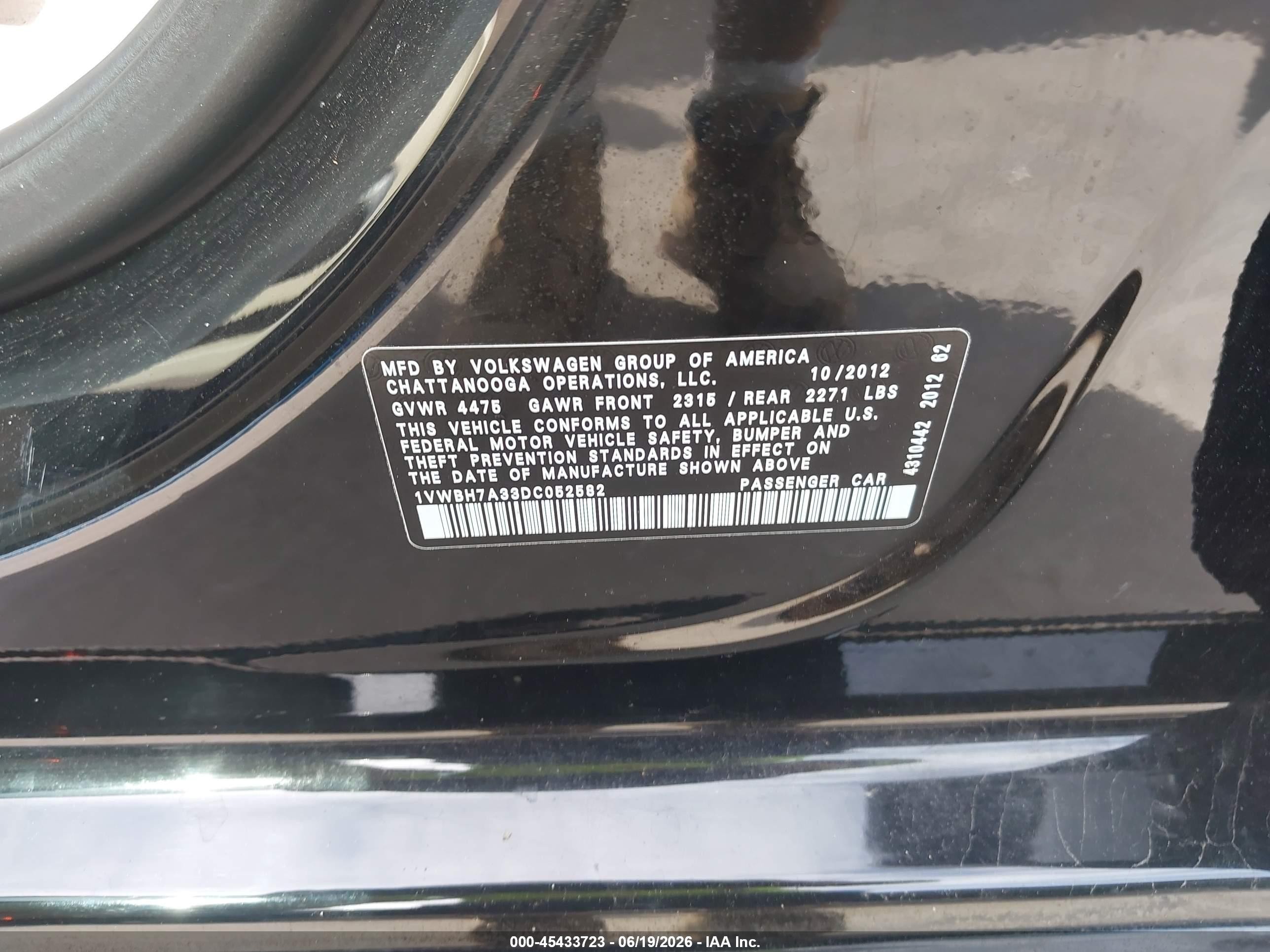 2013 Volkswagen Passat 2.5l Se Черный vin: 1VWBH7A33DC052582