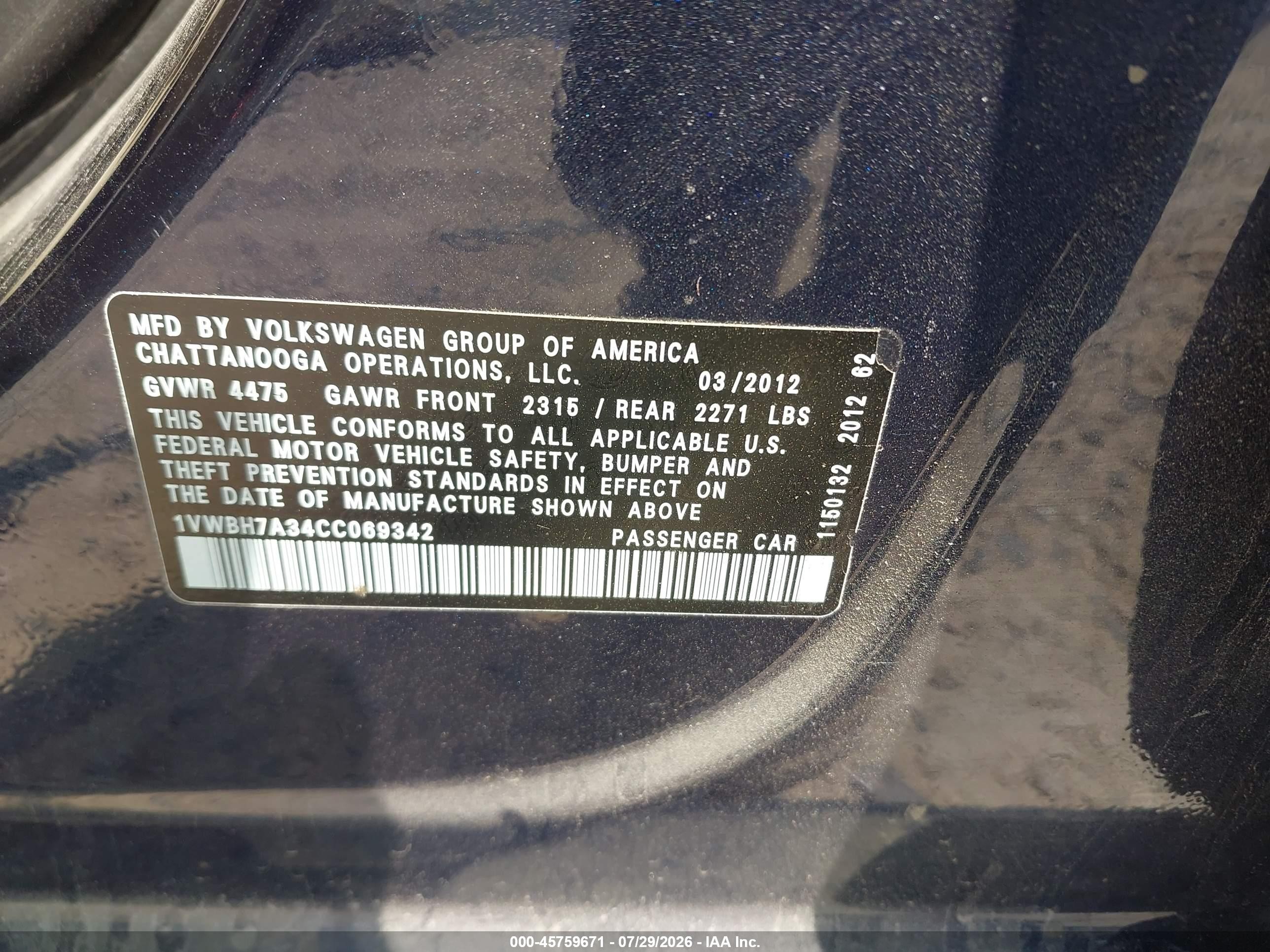 2012 Volkswagen Passat 2.5l Se Dark Blue vin: 1VWBH7A34CC069342