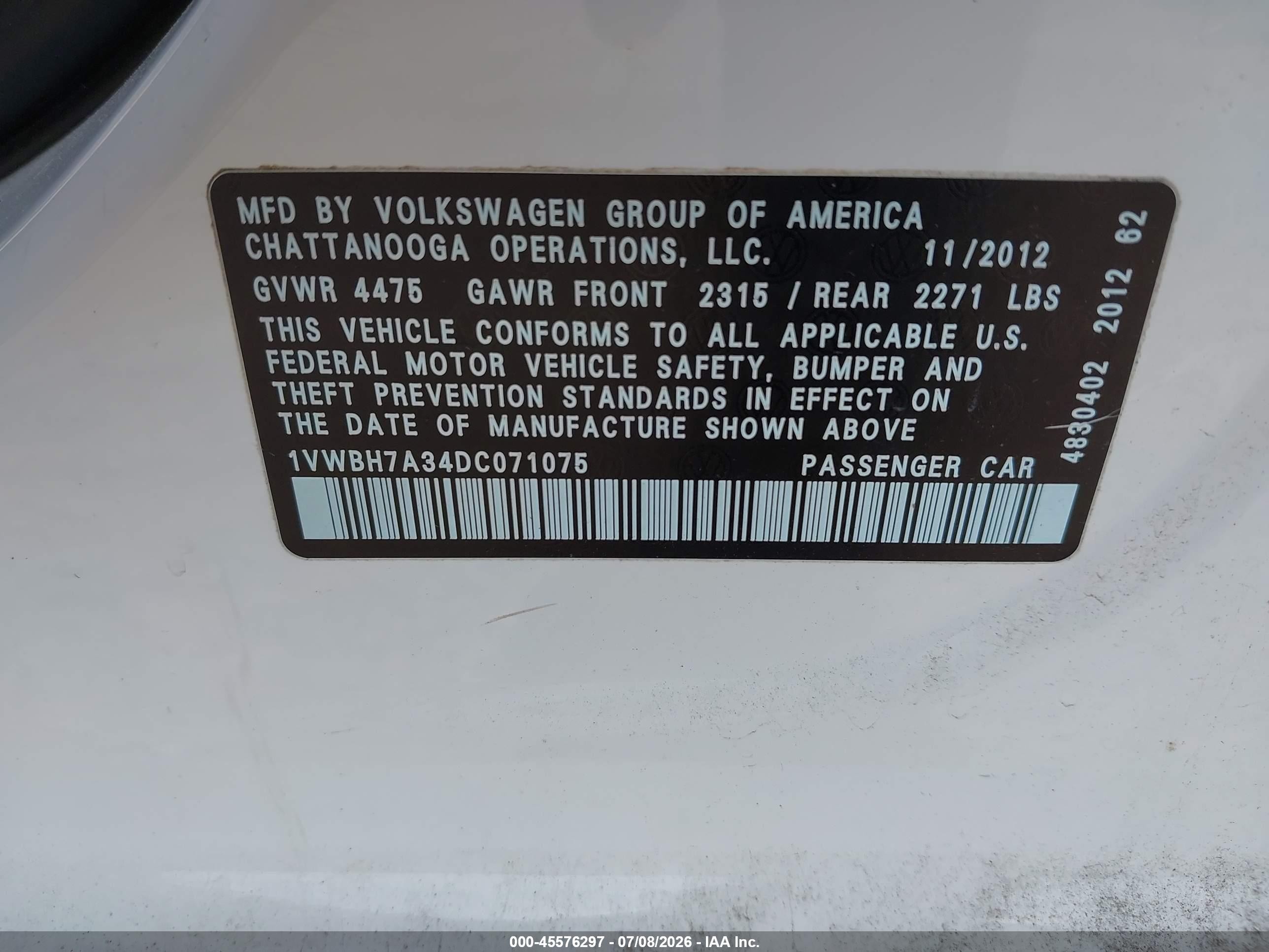 2013 Volkswagen Passat 2.5l Se White vin: 1VWBH7A34DC071075