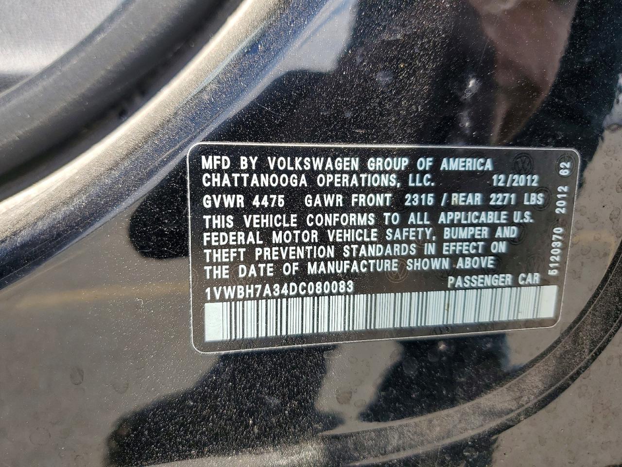 2013 Volkswagen Passat Se Black vin: 1VWBH7A34DC080083