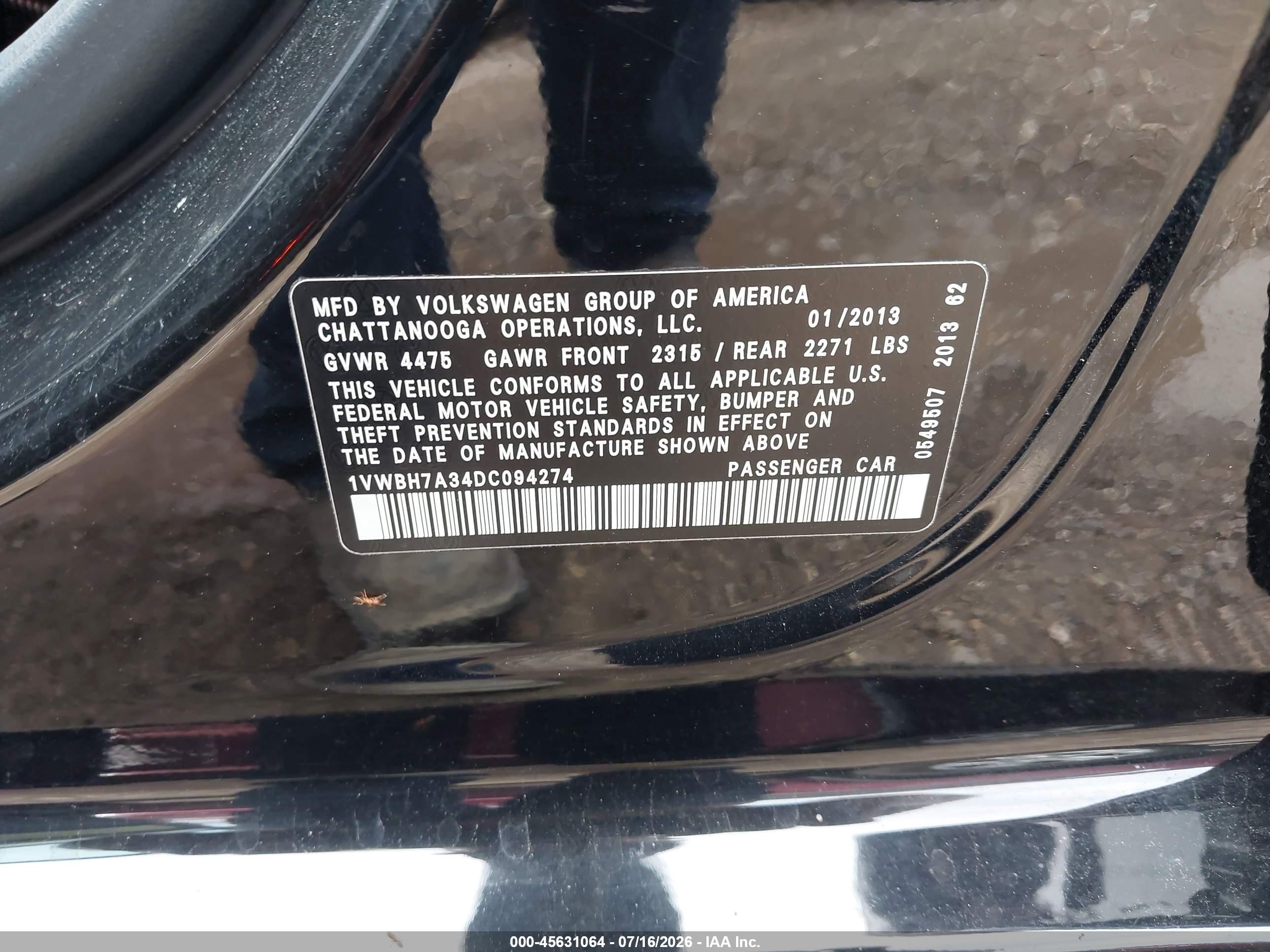 2013 Volkswagen Passat 2.5l Se Black vin: 1VWBH7A34DC094274