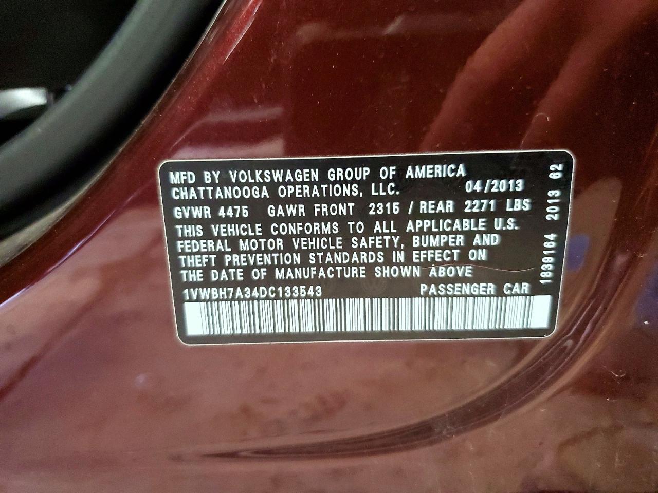 2013 Volkswagen Passat Se Maroon vin: 1VWBH7A34DC133543