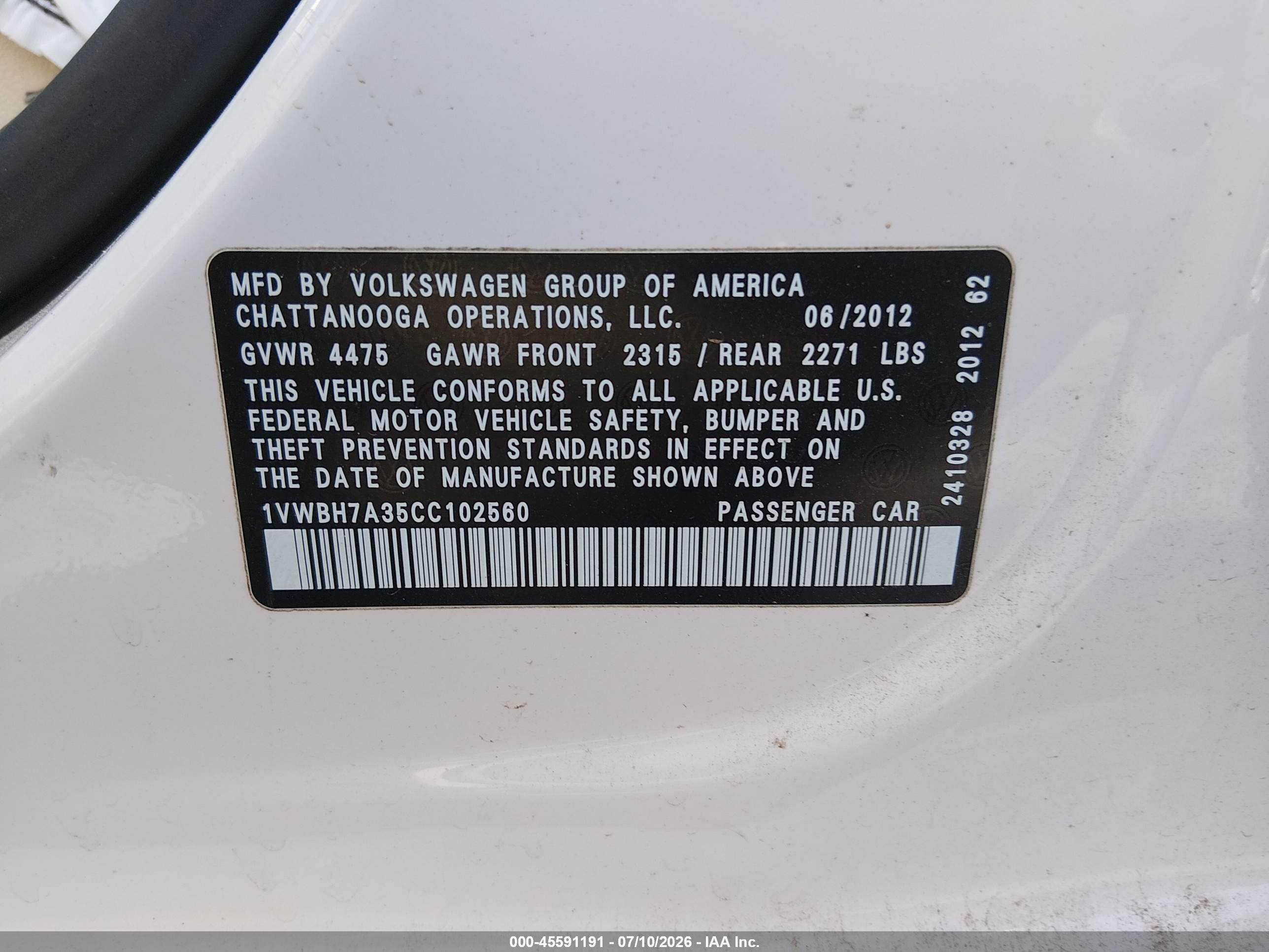 2012 Volkswagen Passat 2.5l Se White vin: 1VWBH7A35CC102560