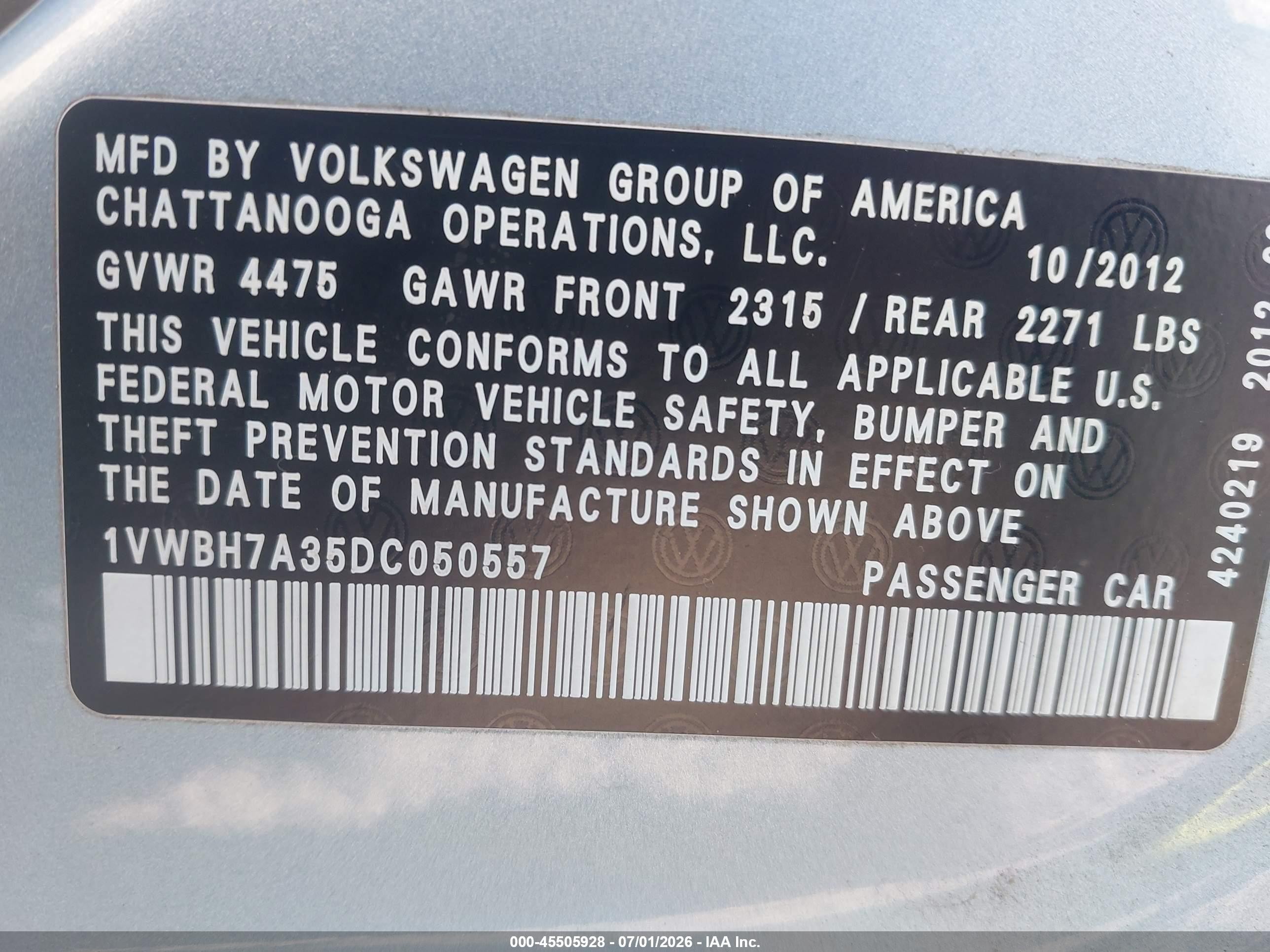 2013 Volkswagen Passat 2.5l Se Blue vin: 1VWBH7A35DC050557