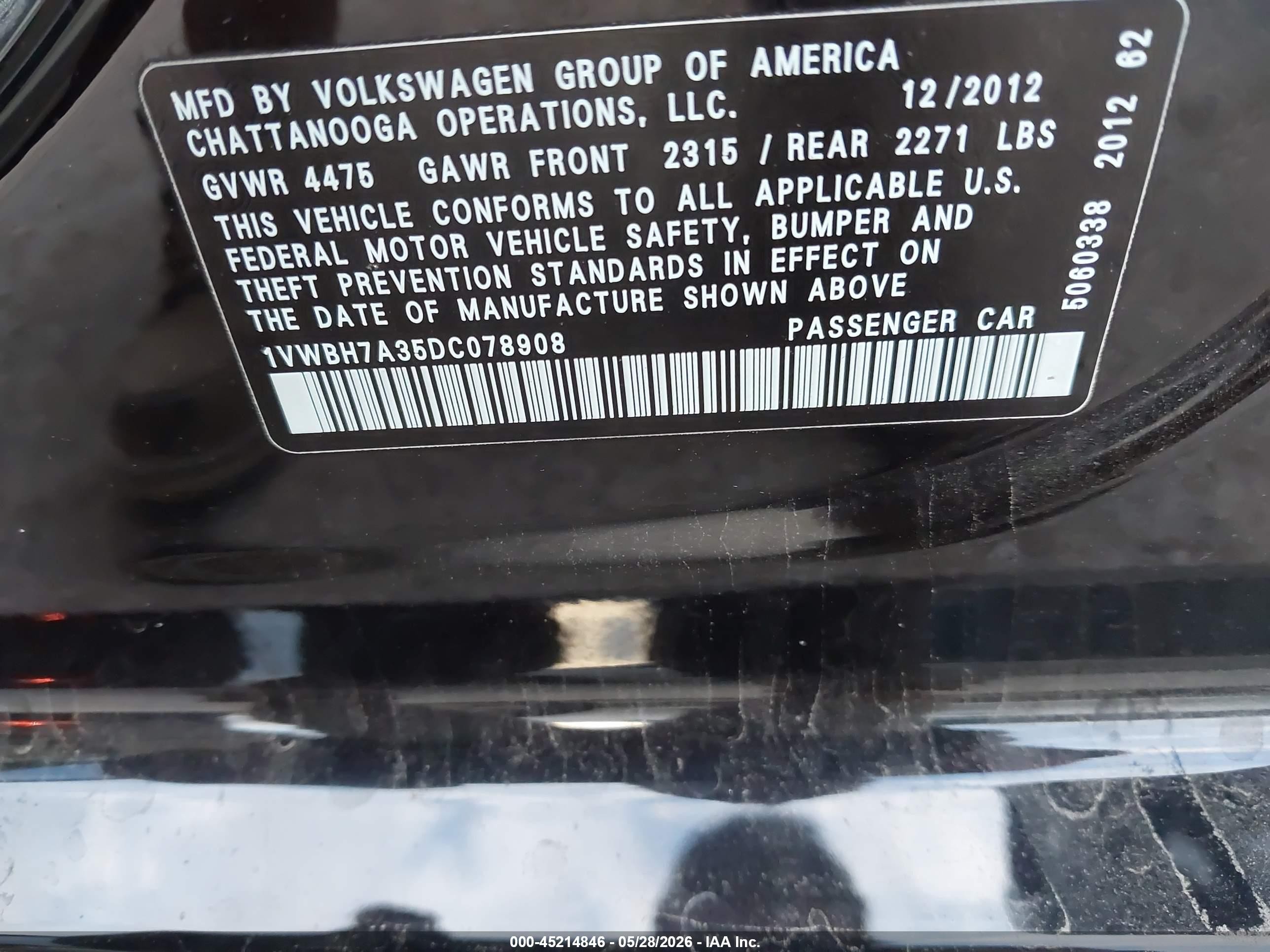 2013 Volkswagen Passat 2.5l Se Black vin: 1VWBH7A35DC078908