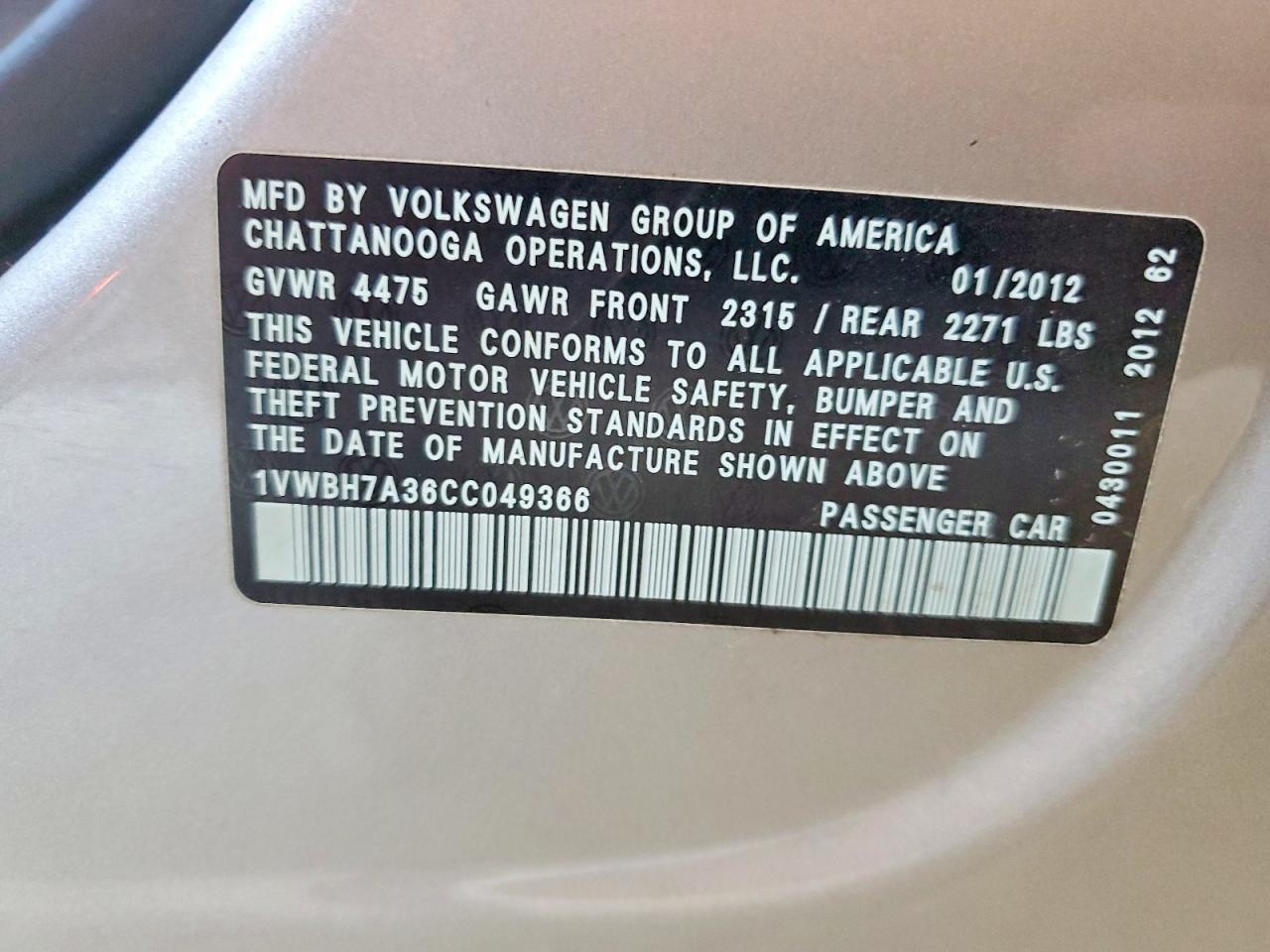 2012 Volkswagen Passat Se Silver vin: 1VWBH7A36CC049366