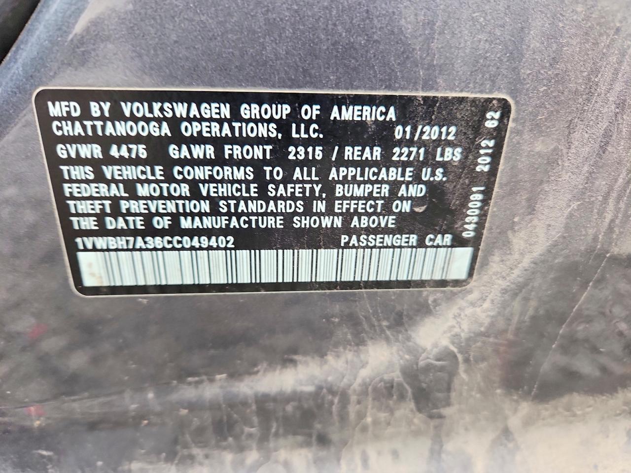2012 Volkswagen Passat Se Gray vin: 1VWBH7A36CC049402