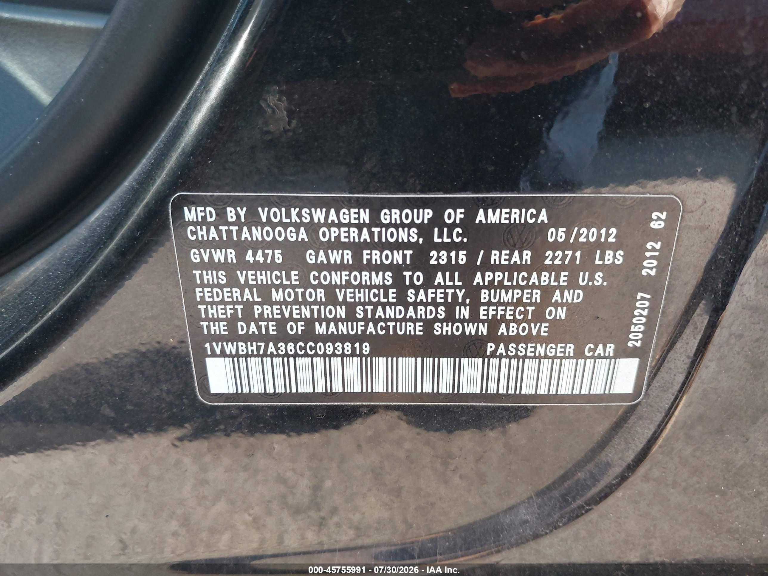 2012 Volkswagen Passat 2.5l Se Black vin: 1VWBH7A36CC093819