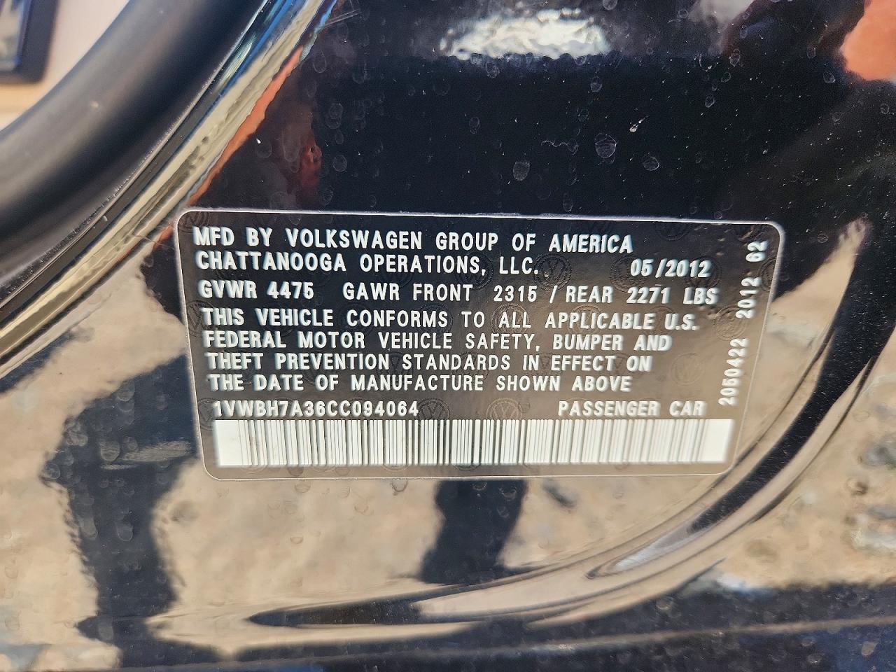 2012 Volkswagen Passat Se Black vin: 1VWBH7A36CC094064