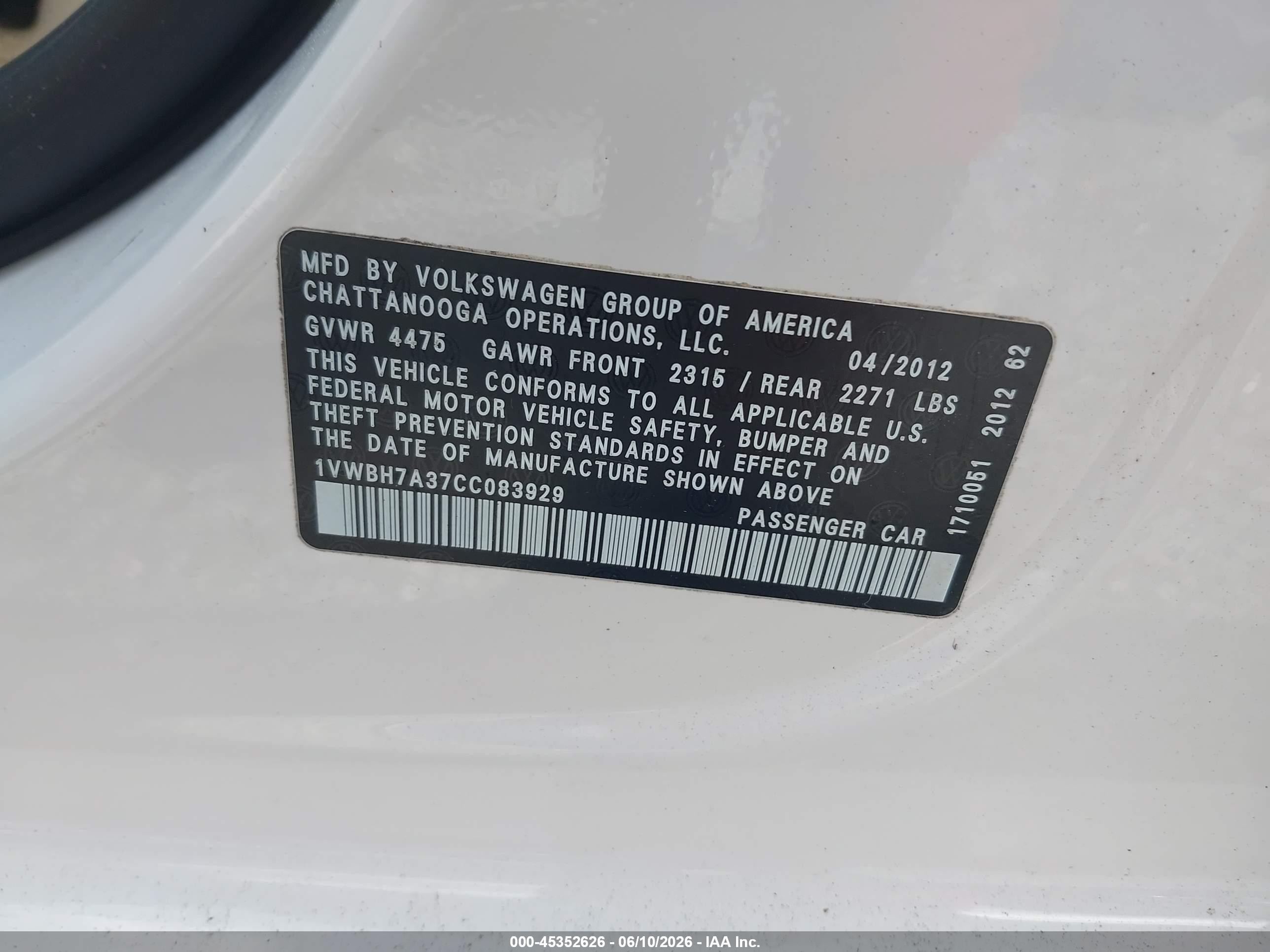 2012 Volkswagen Passat 2.5l Se White vin: 1VWBH7A37CC083929