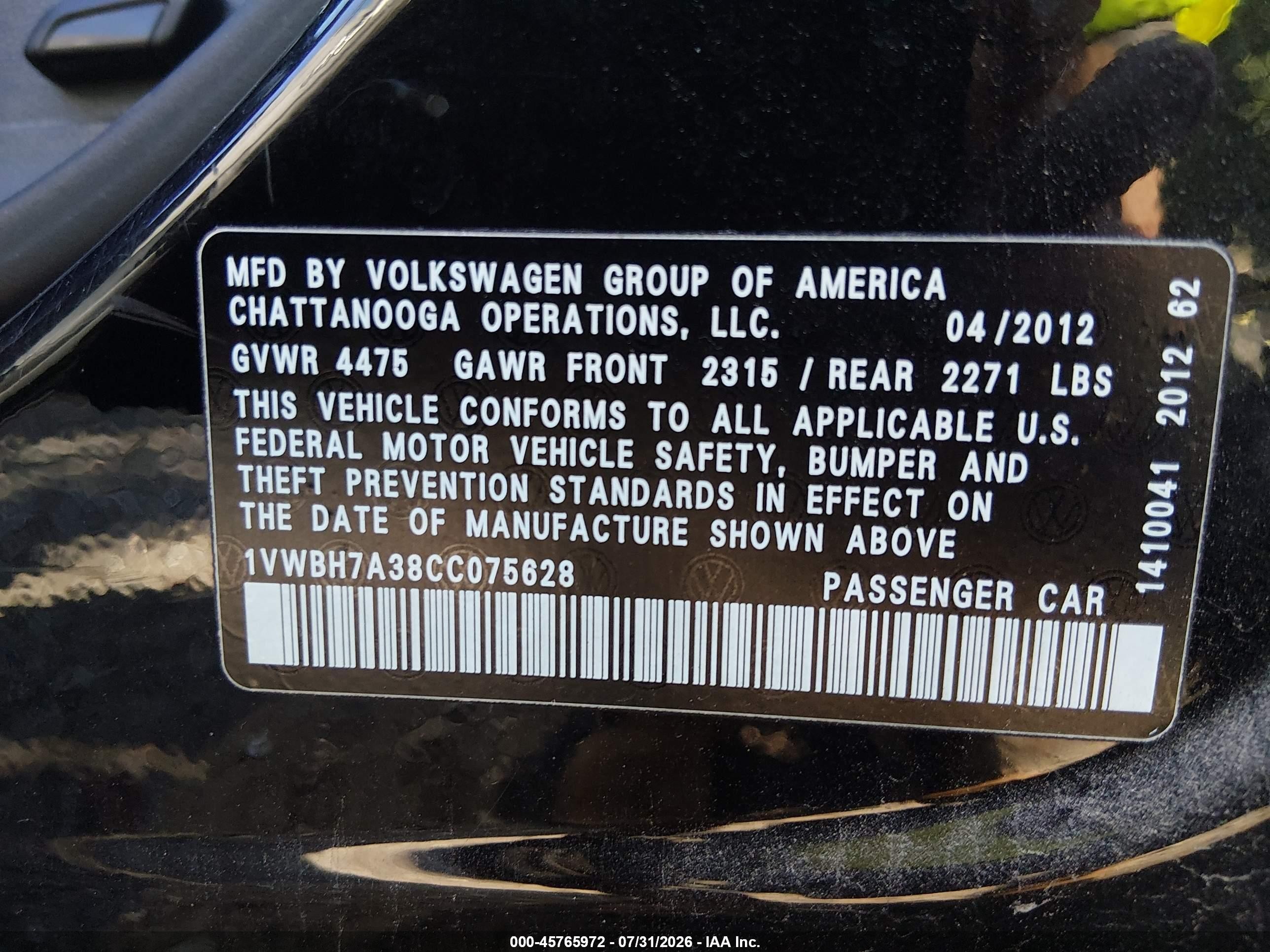 2012 Volkswagen Passat 2.5l Se Black vin: 1VWBH7A38CC075628