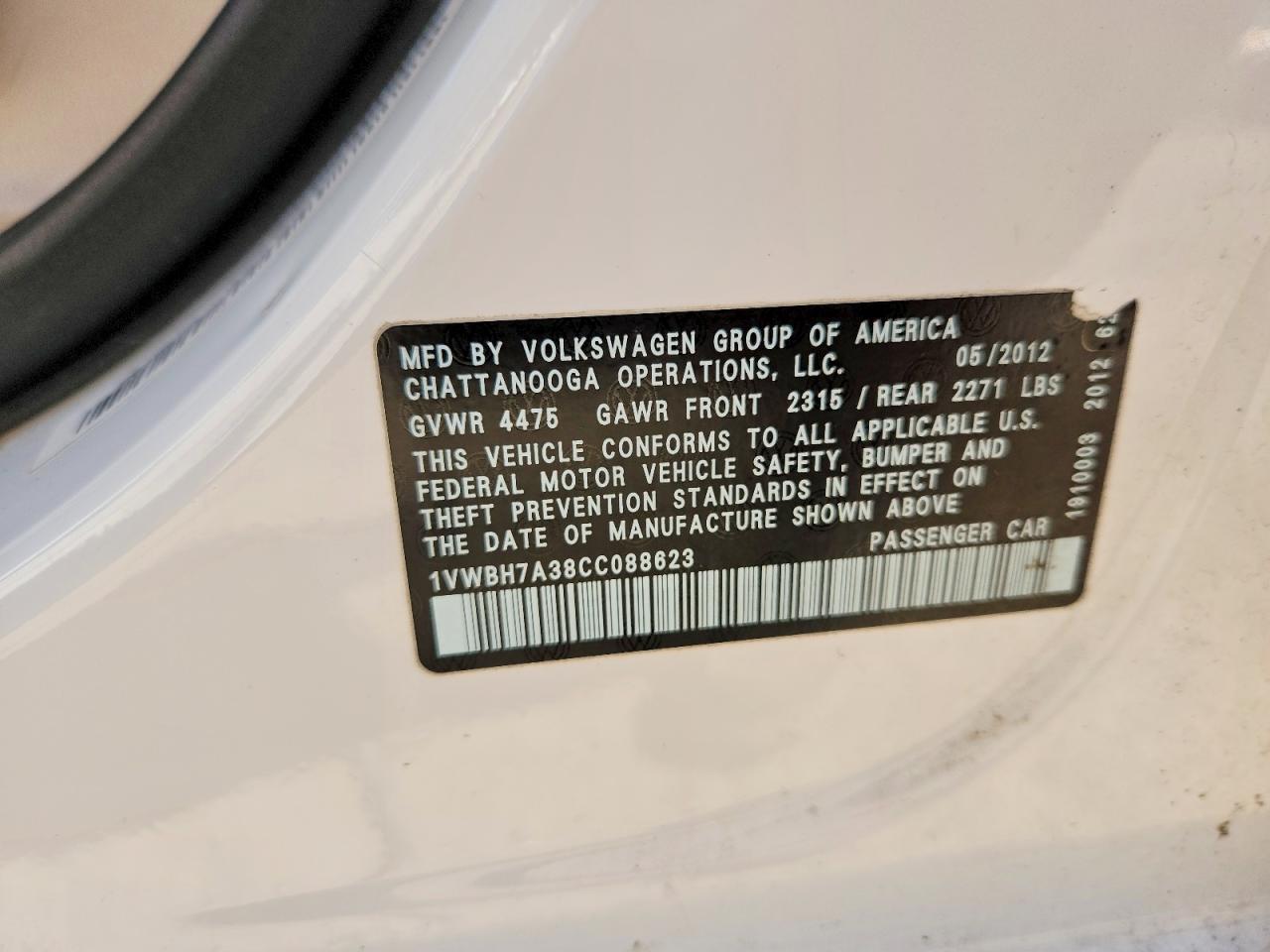 2012 Volkswagen Passat Se White vin: 1VWBH7A38CC088623