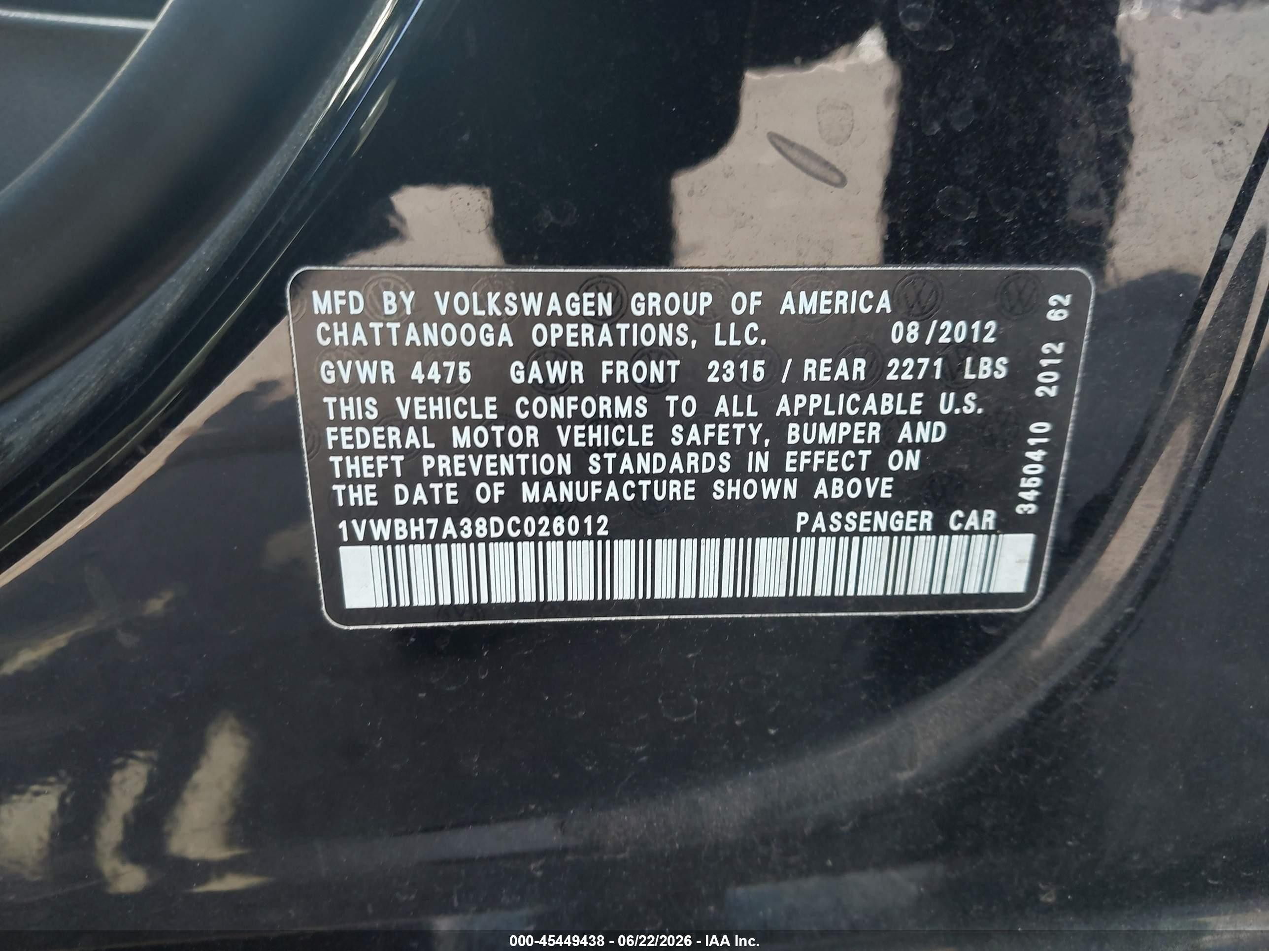 2013 Volkswagen Passat 2.5l Se Black vin: 1VWBH7A38DC026012